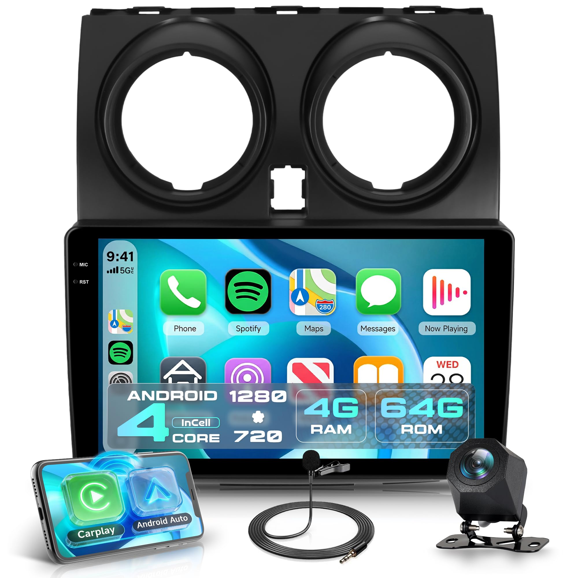 4G+64G Android Autoradio per Nissan Qashqai J10 2006-2016 Wireless Carplay Android Auto, 9 Pollici Incell Touchscreen Radio con GPS Navi WiFi Bluetooth Mirror Link FM/RDS EQ/SWC Telecamera Posteriore