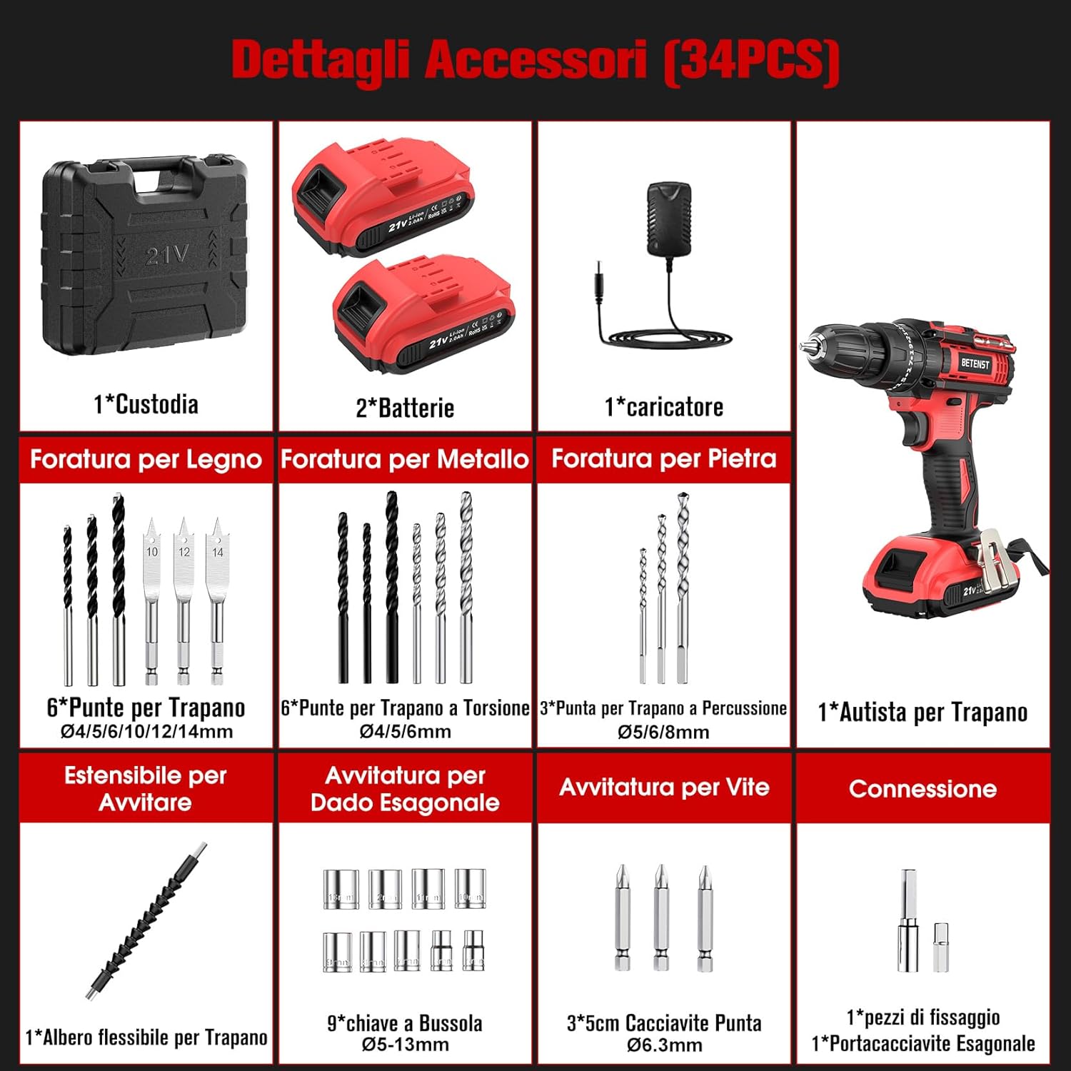 Betenst Trapano Avvitatore a Batteria 21V - immagine 3