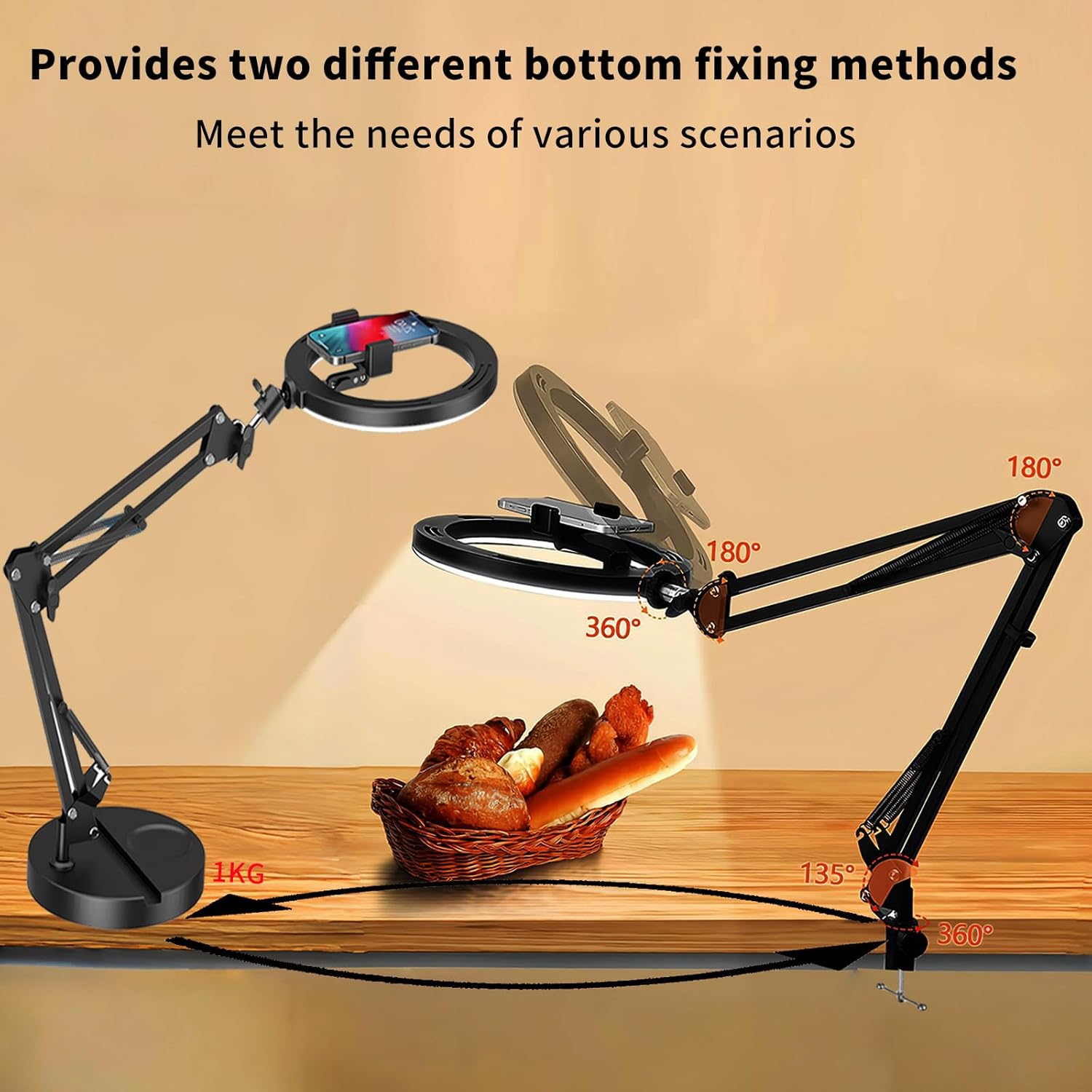 Ring Light 10'' con Supporto Telefono e Due Basi - immagine 2