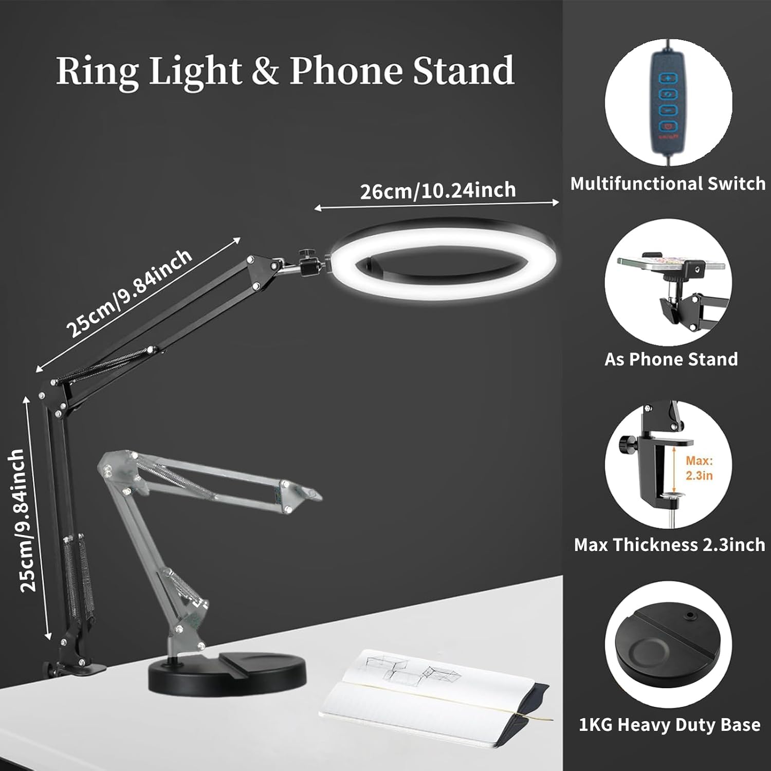 Ring Light 10'' con Supporto Telefono e Due Basi - immagine 6