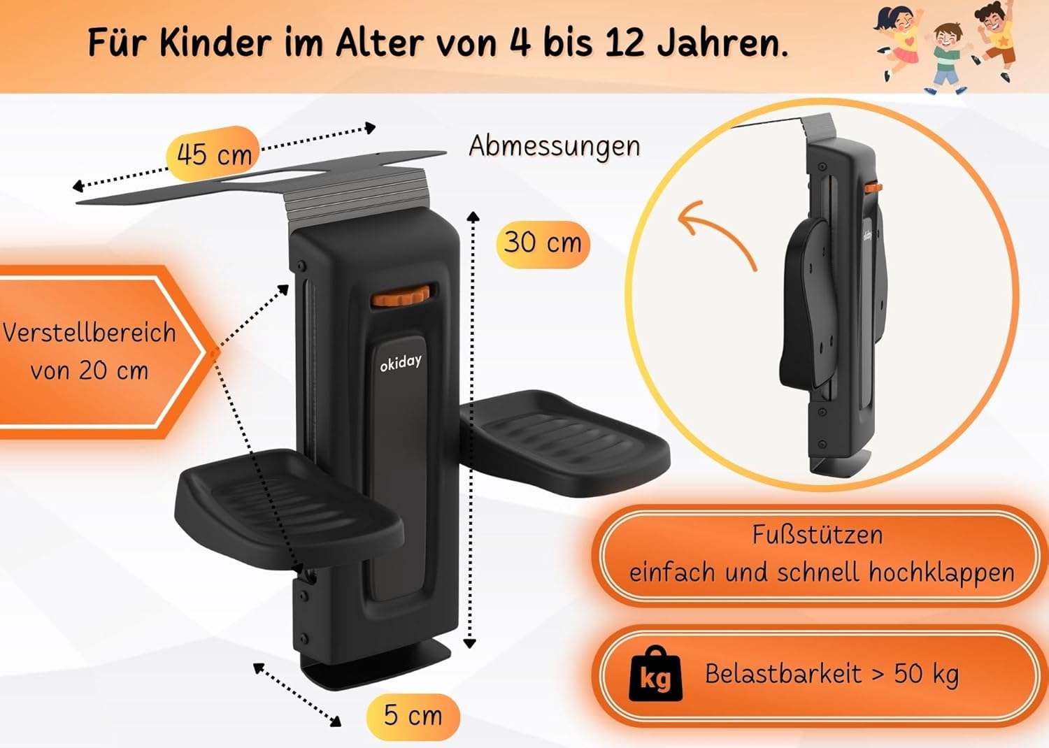 OKIDAY Poggiapiedi per seggiolini auto - arancione per sedili auto 15-36 kg - immagine 2