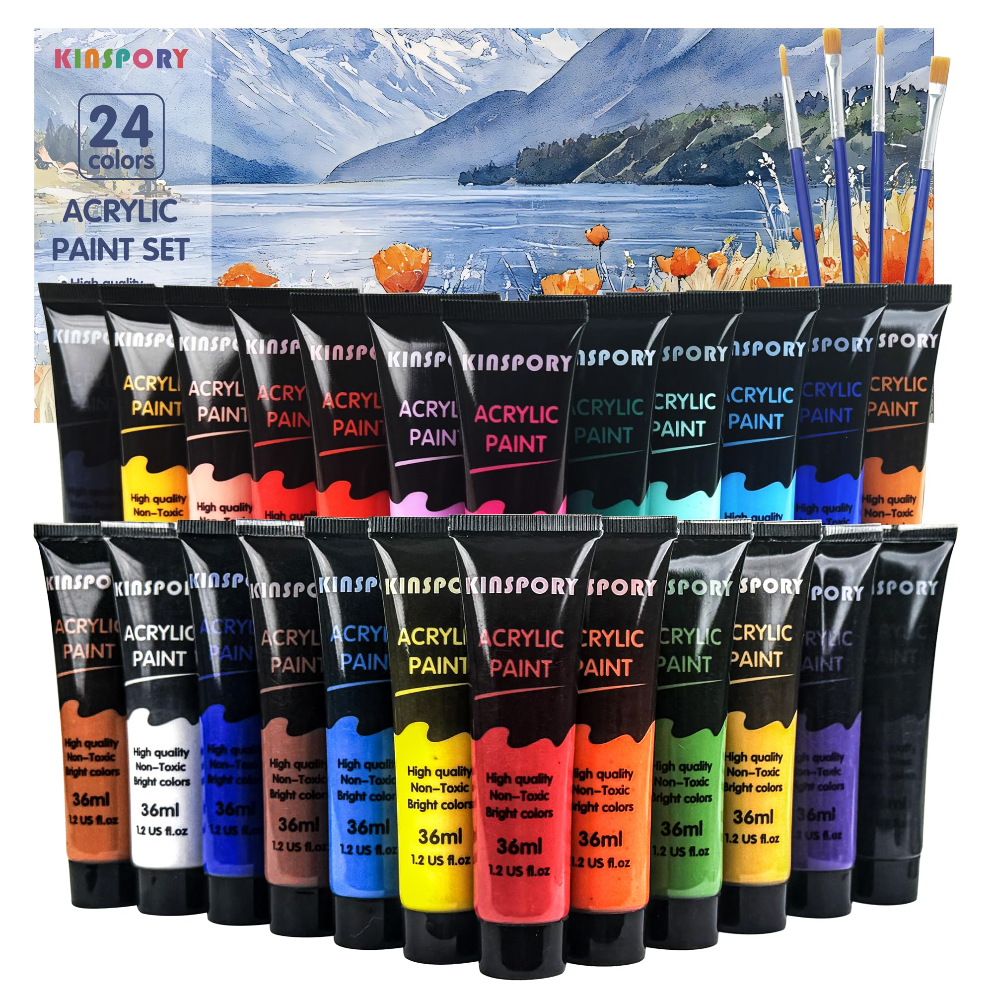 Kinspory Colori Acrilici 24 x 36ml con 4 Pennelli