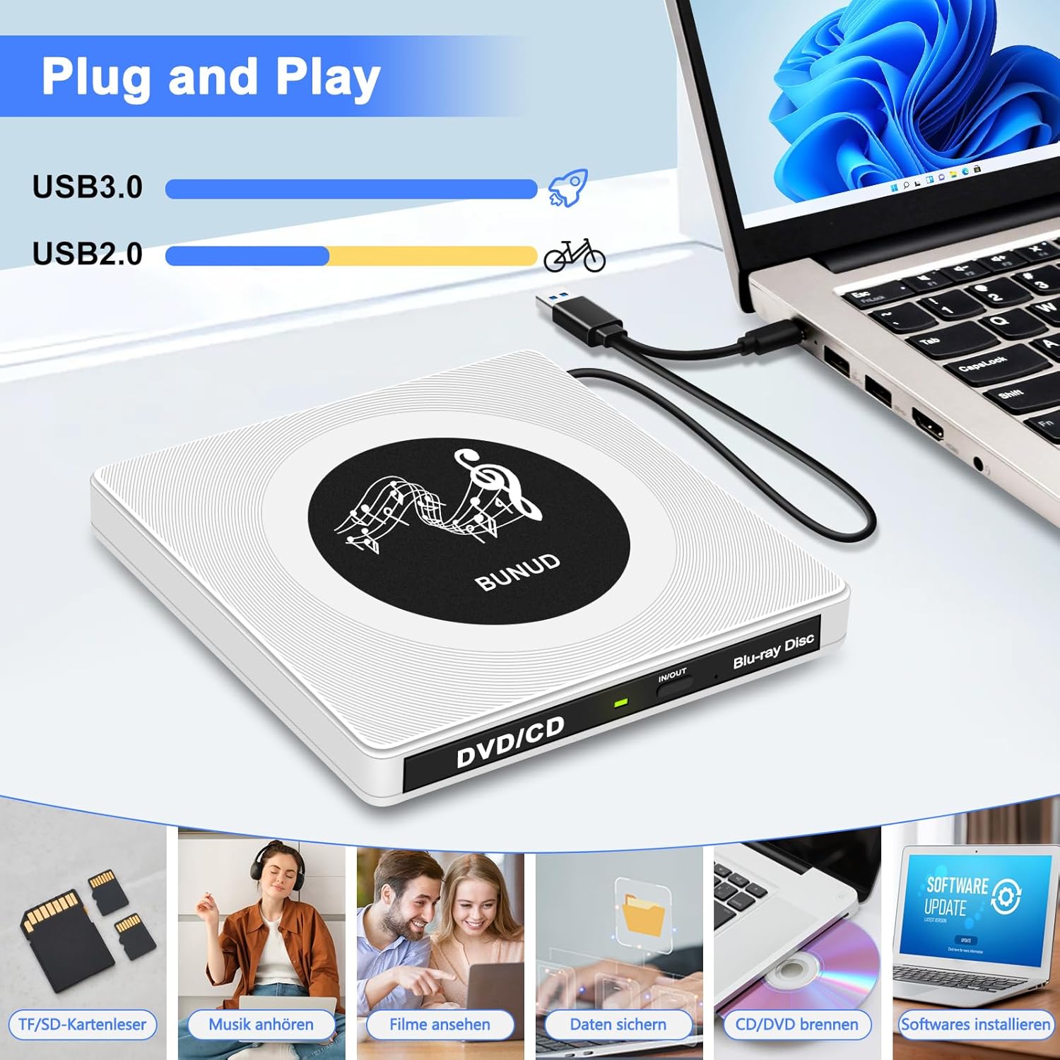 Unità Blu-Ray Esterna USB 3.0/USB-C con 2 USB e SD/TF - immagine 2