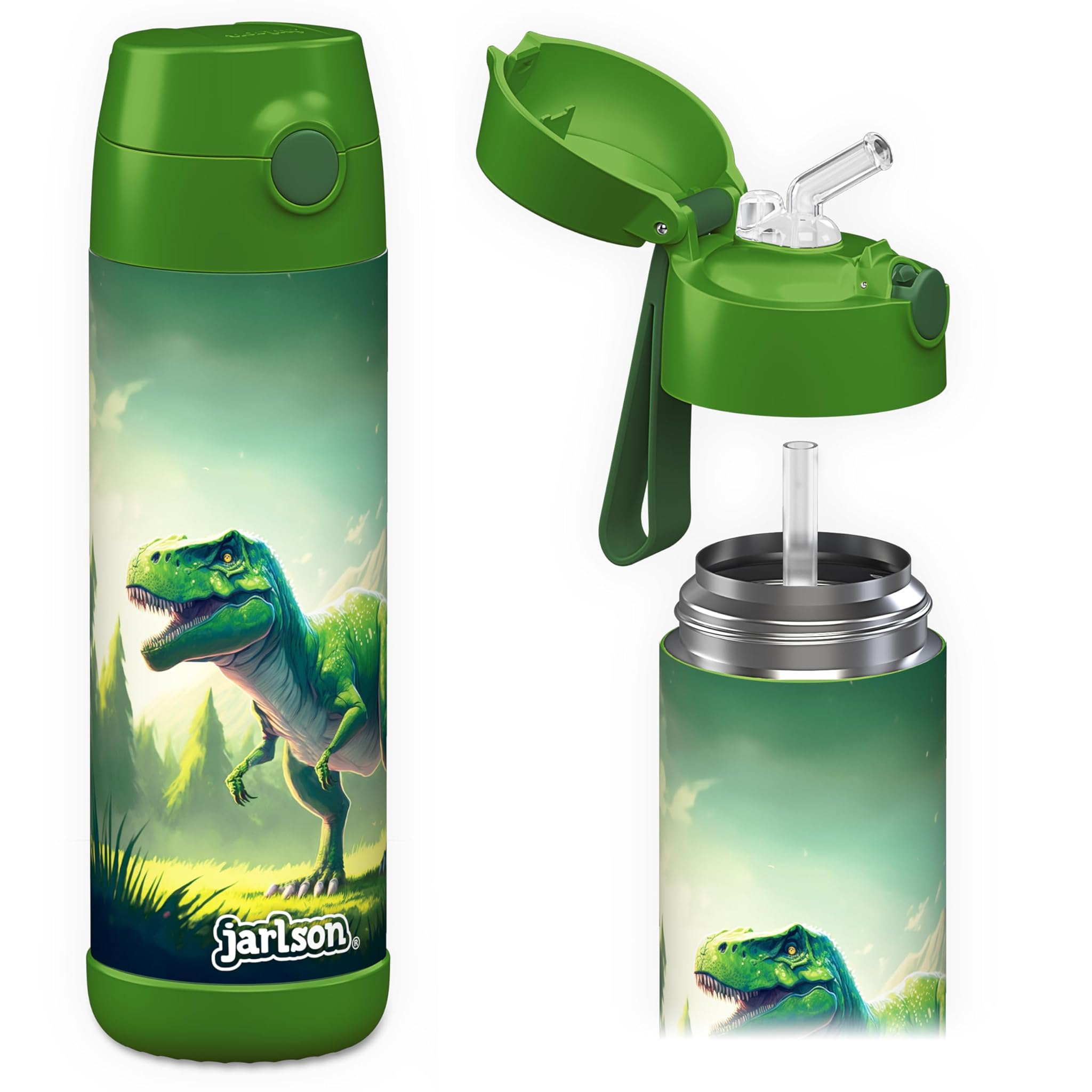 Jarlson® Borraccia Bambini Acciaio Inox 500ml, Dinosauro Verde