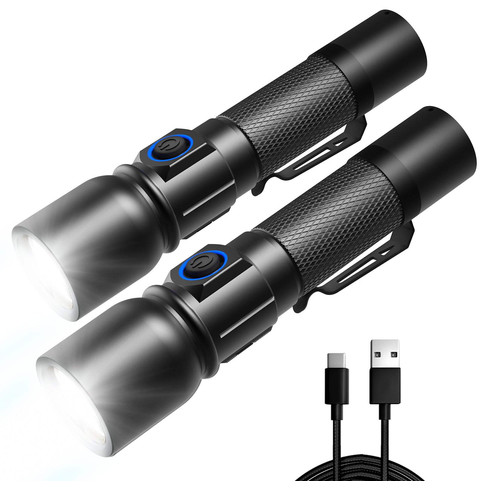 Linkind Torcia LED ricaricabile alta luminosità, 7 modalità regolabili, potente torcia portatile con clip laterale e cordino, IP44 Impermeabile Torcia per campeggio, emergenza, riparazione，2 Pezzi