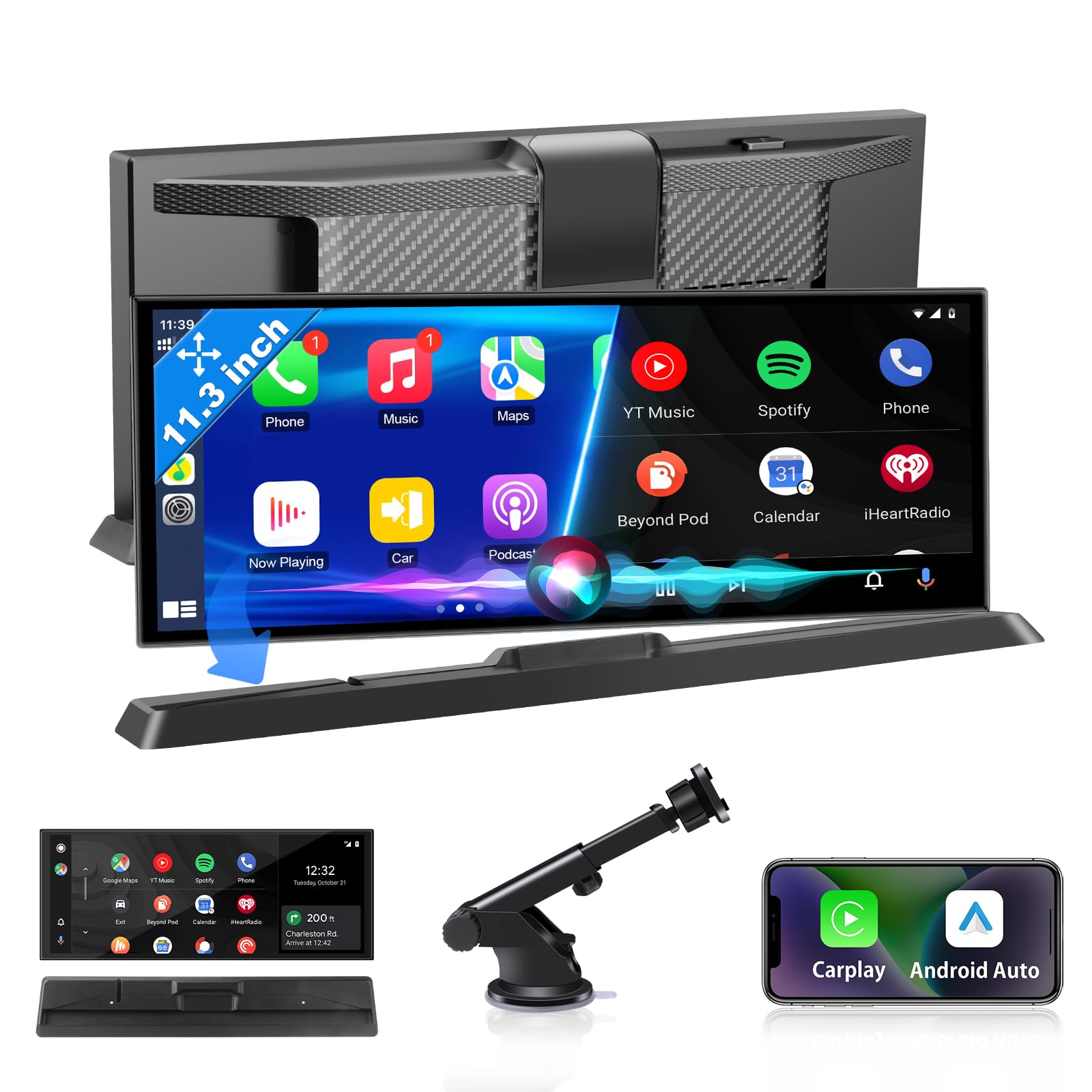 Esclusività 11,3 Pollici Schermo Auto Carplay con Supporto Stabile, Schermo Android Auto Autoradio Doppio Bluetooth Siri/GOO-gle Dispositivi di Navigazione GPS per Auto Camper