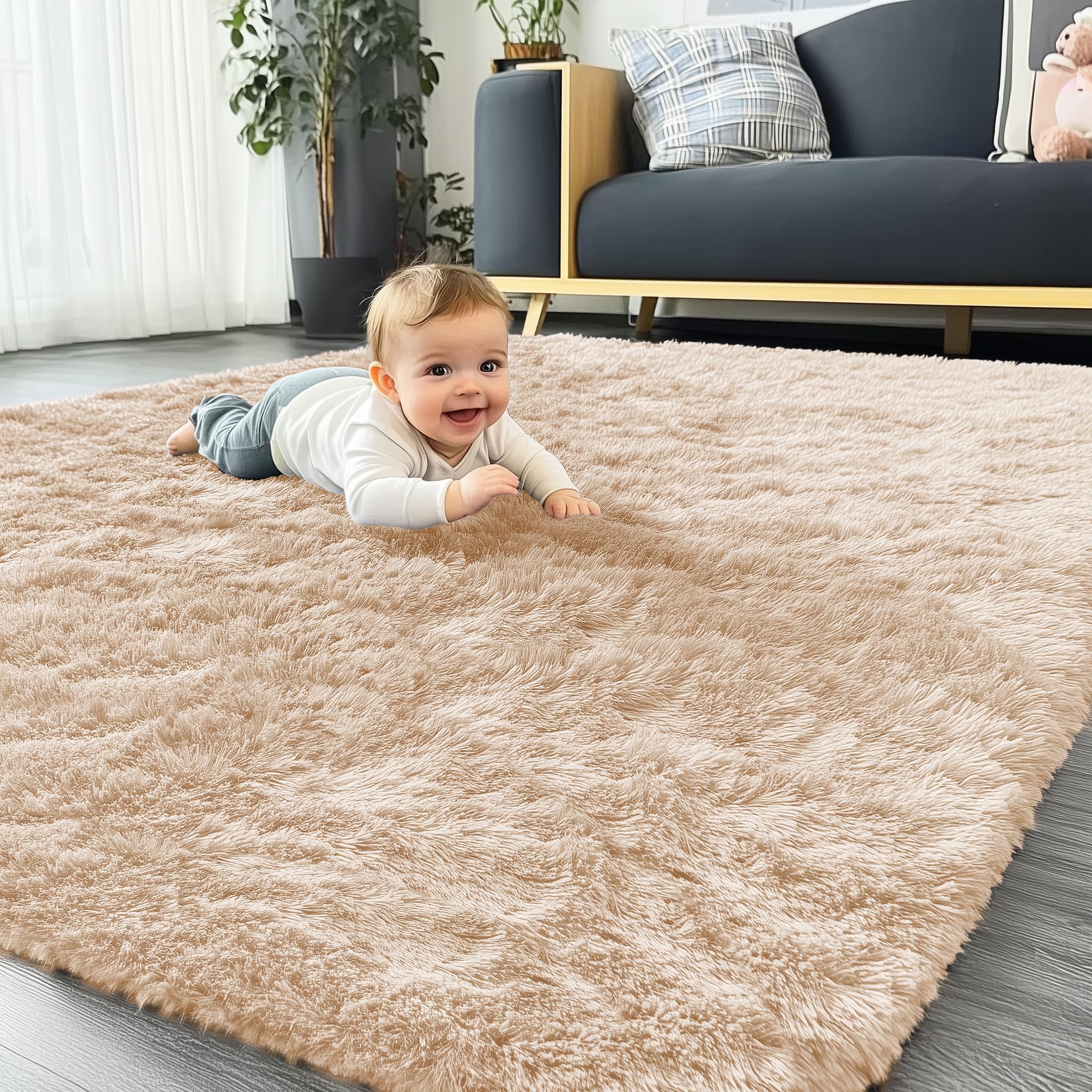 Homaxy Tappeto a Pelo Lungo Morbido 160x220cm, Beige