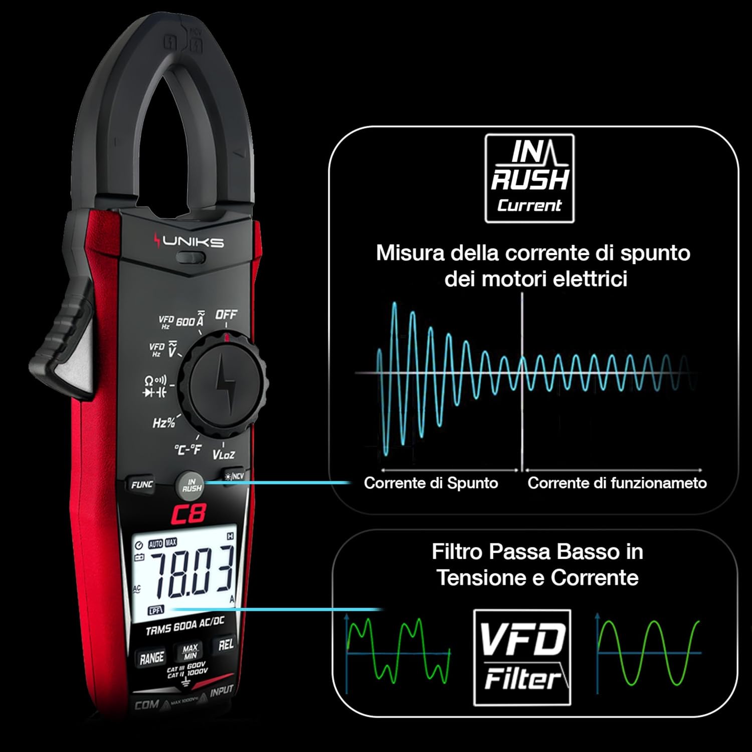 Uniks Pinza Amperometrica TRMS Digitale C8 600A - immagine 3