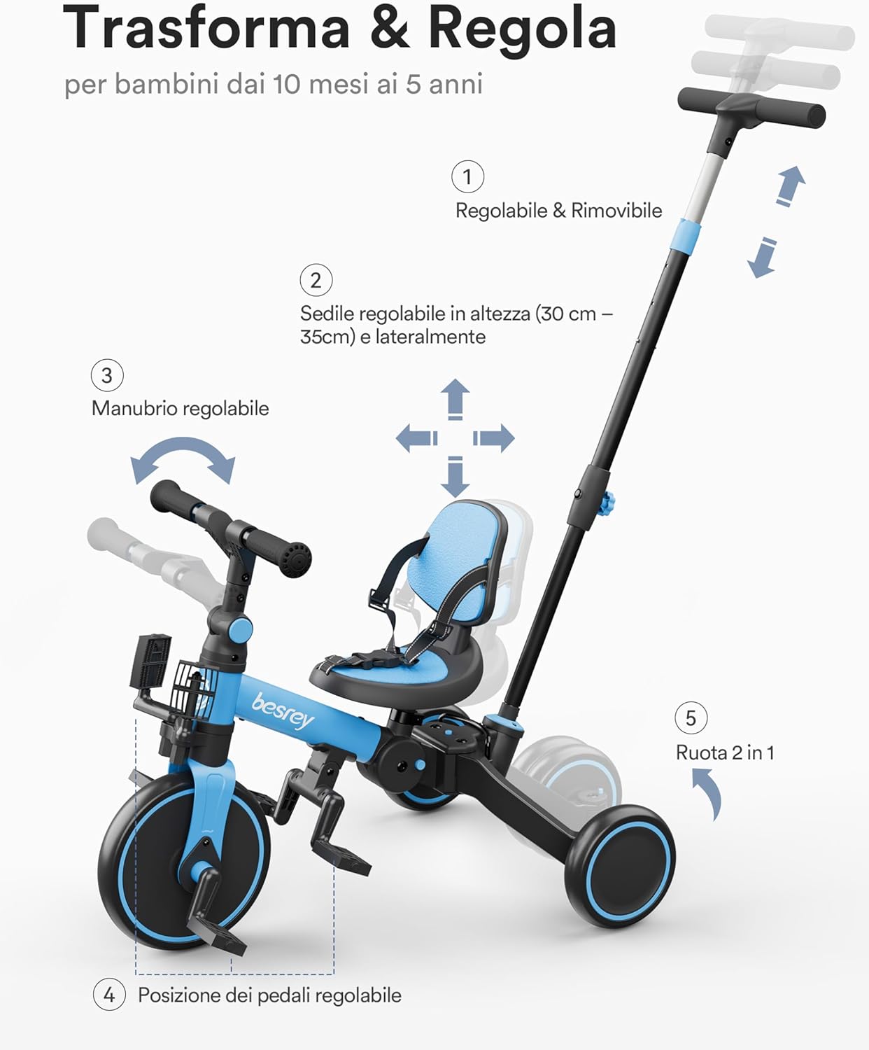 Besrey Triciclo per Bambini 4 in 1, Blu - immagine 5