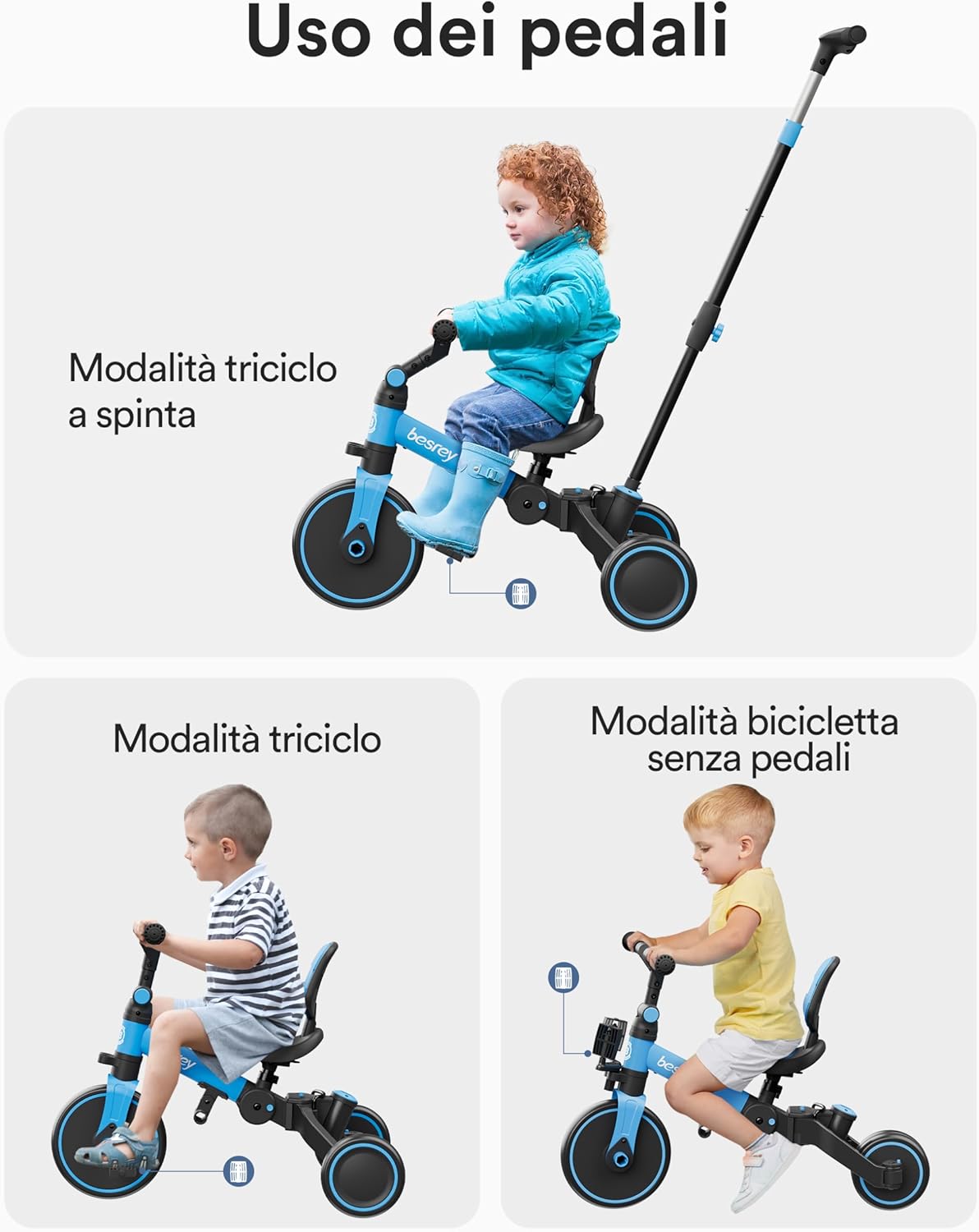 Besrey Triciclo per Bambini 4 in 1, Blu - immagine 7