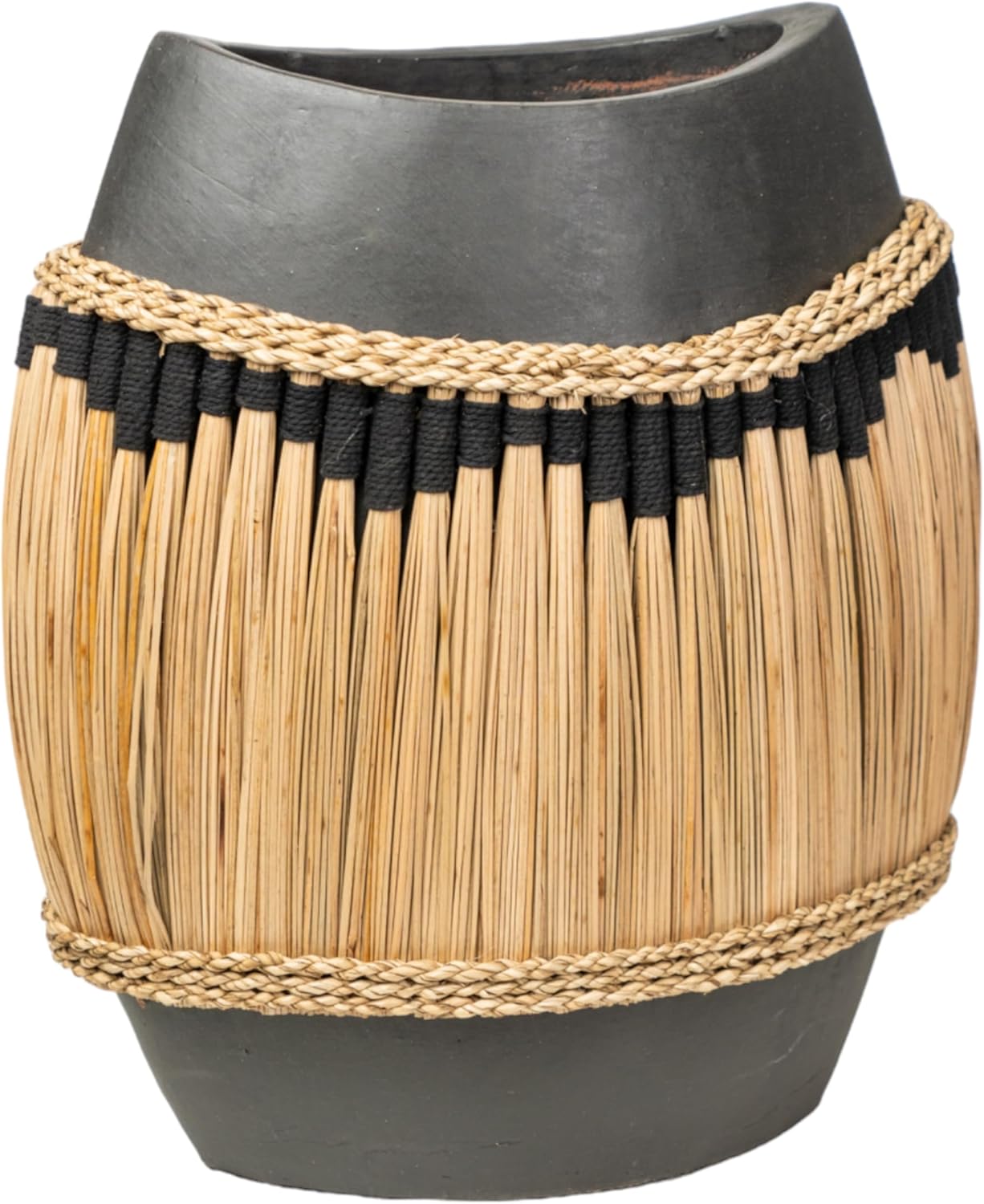 FLORERO CERAMICA NEGRO CON FIBRAS NATURALES