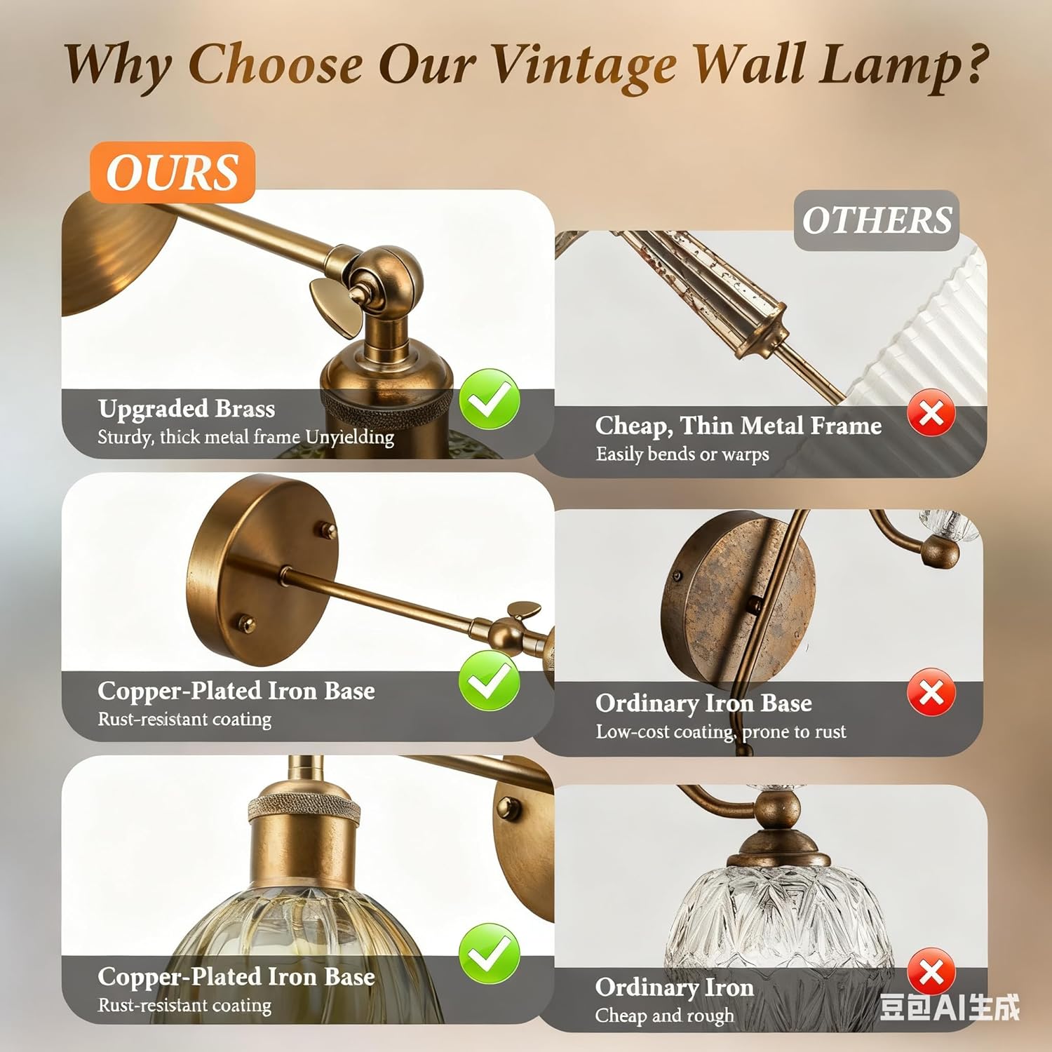 Lampada da Parete Vintage a Batteria, Girevole 180°, Oro - immagine 4