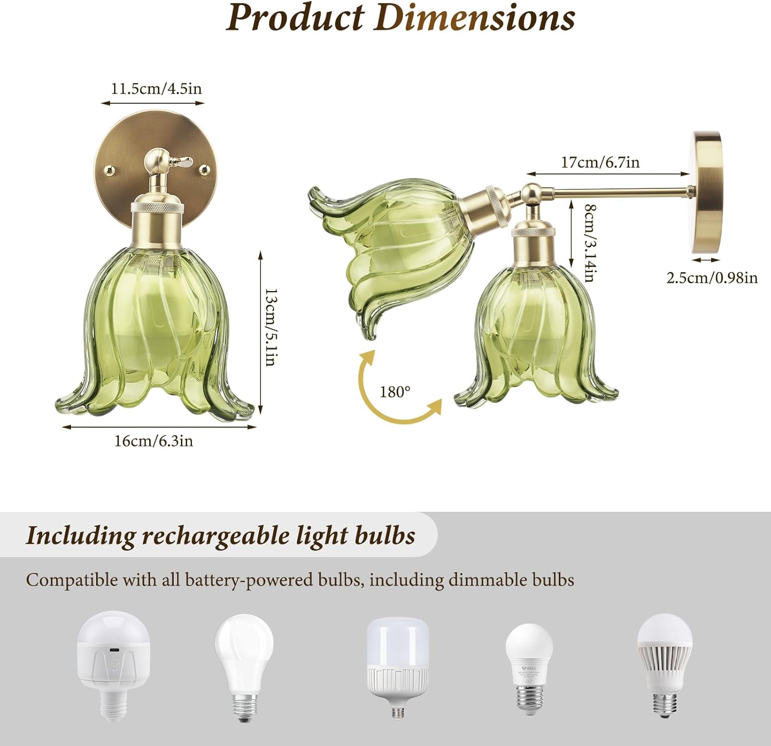 Lampada da Parete Vintage a Batteria, Girevole 180°, Oro - immagine 6