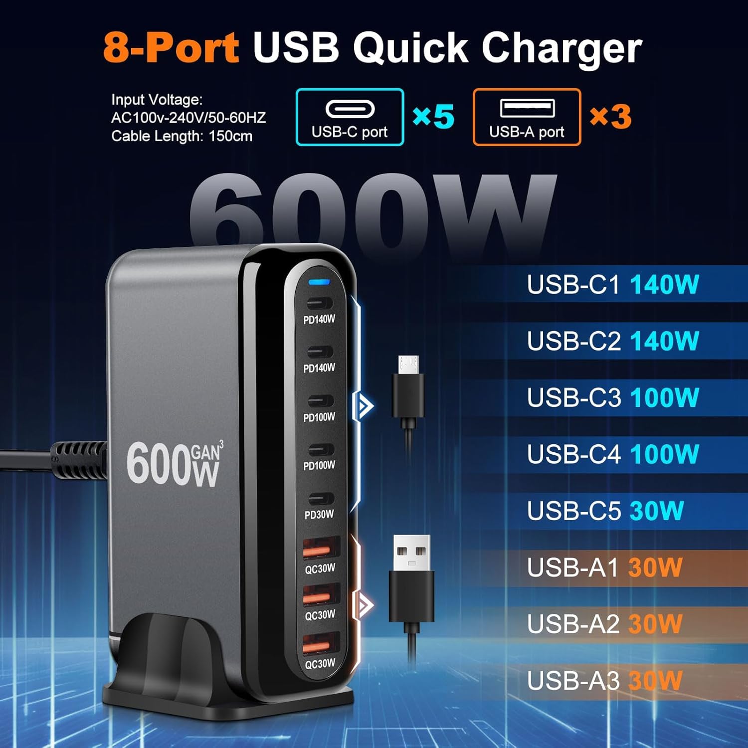 Caricatore USB-C Multiuso 600W 8 Porte - immagine 2