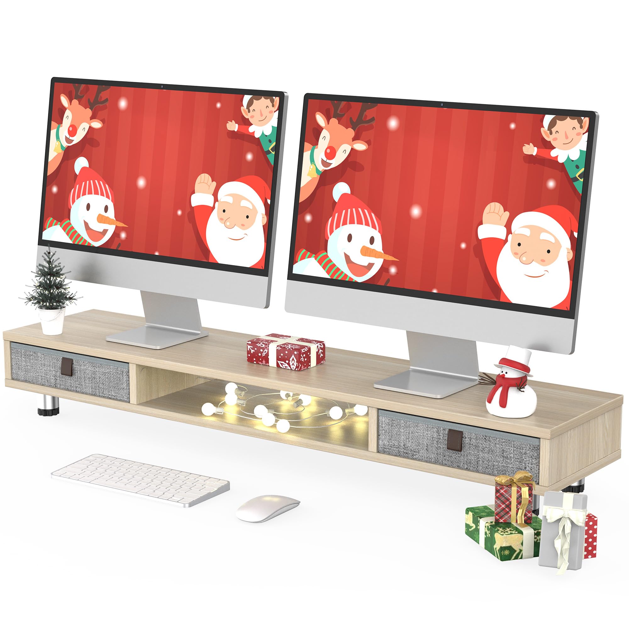 Fenge Supporto Doppio Monitor in Legno con 2 Cassetti, Rovere