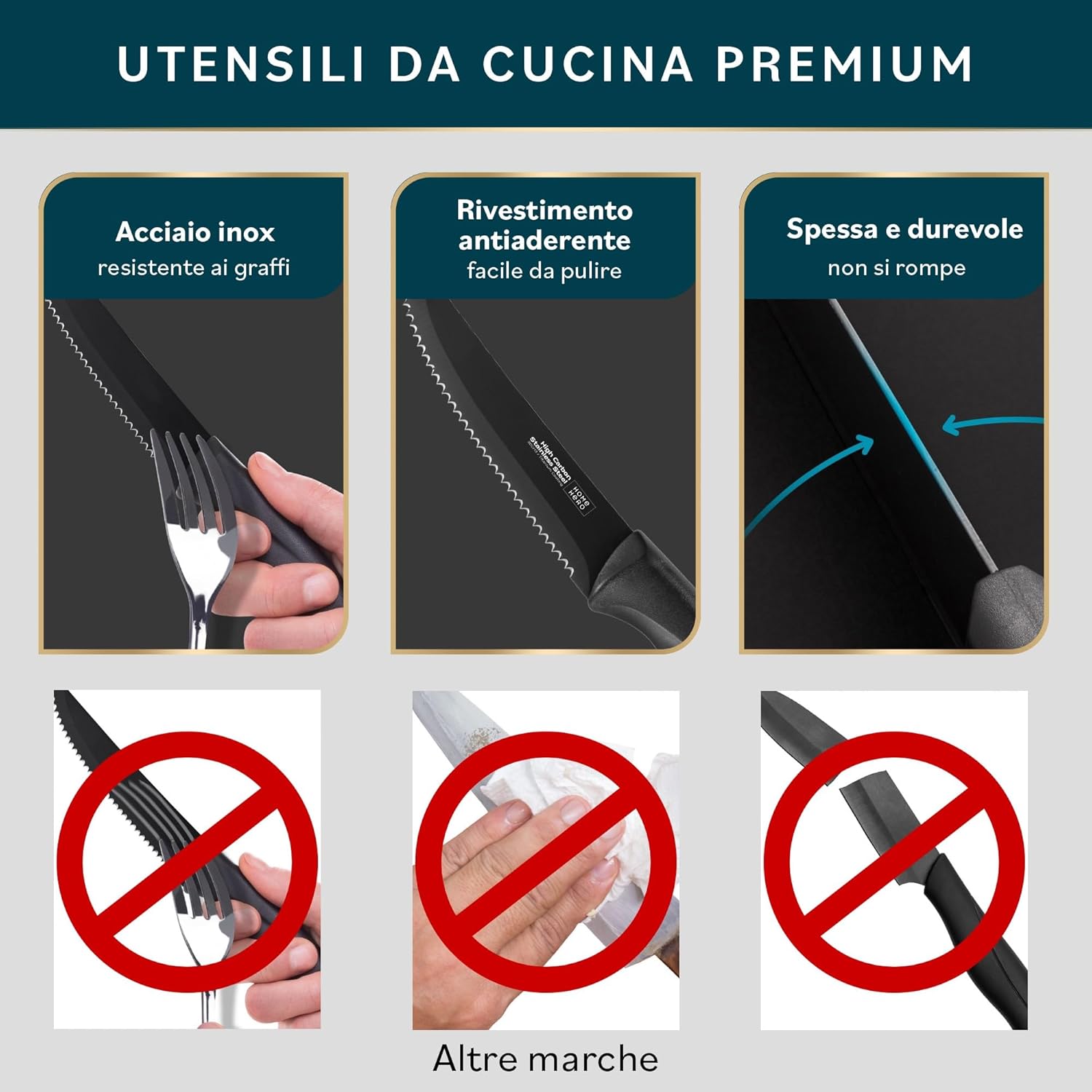 Home Hero Coltelli da Cucina con Ceppo 8 Pezzi, Nero - immagine 3