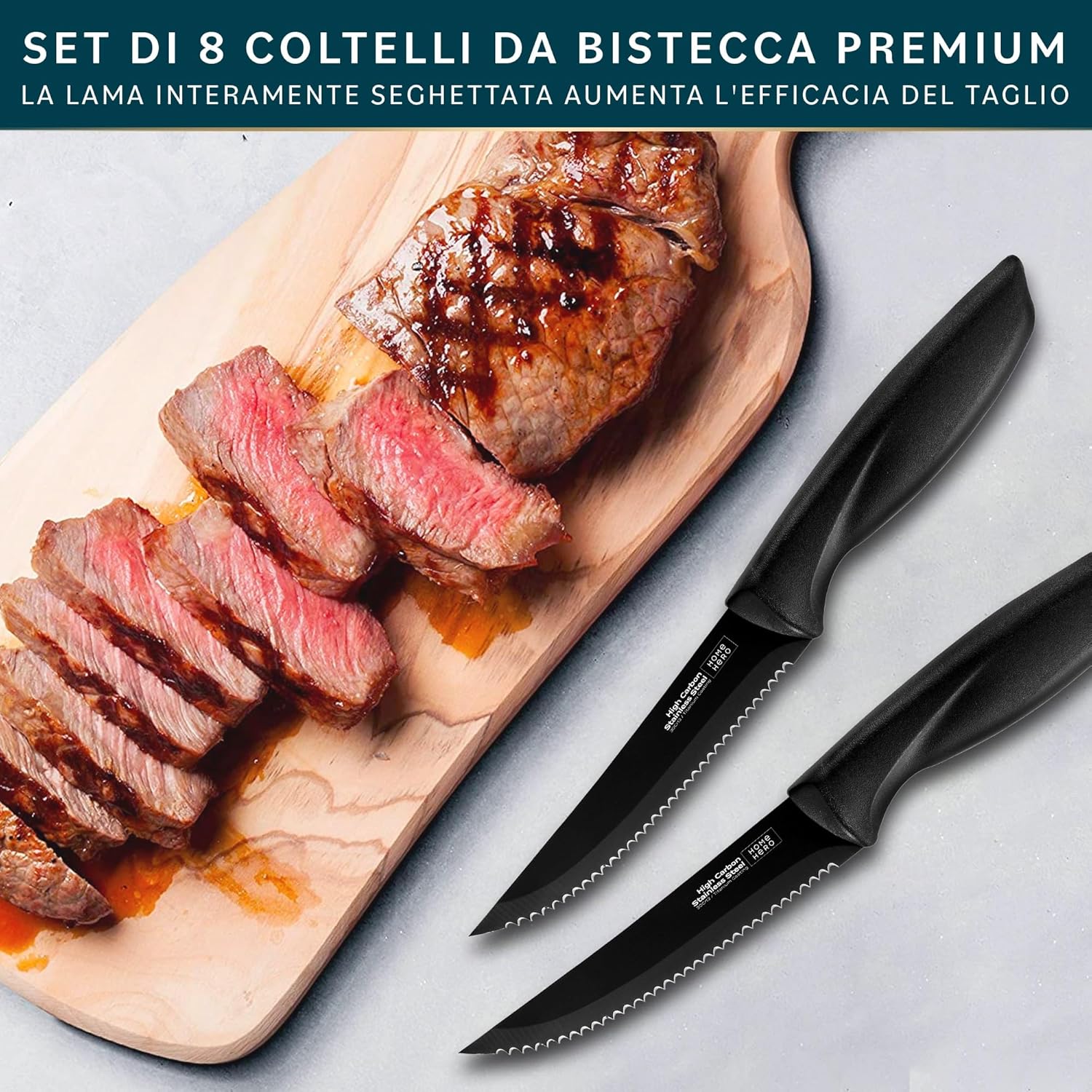 Home Hero Coltelli da Cucina con Ceppo 8 Pezzi, Nero - immagine 4