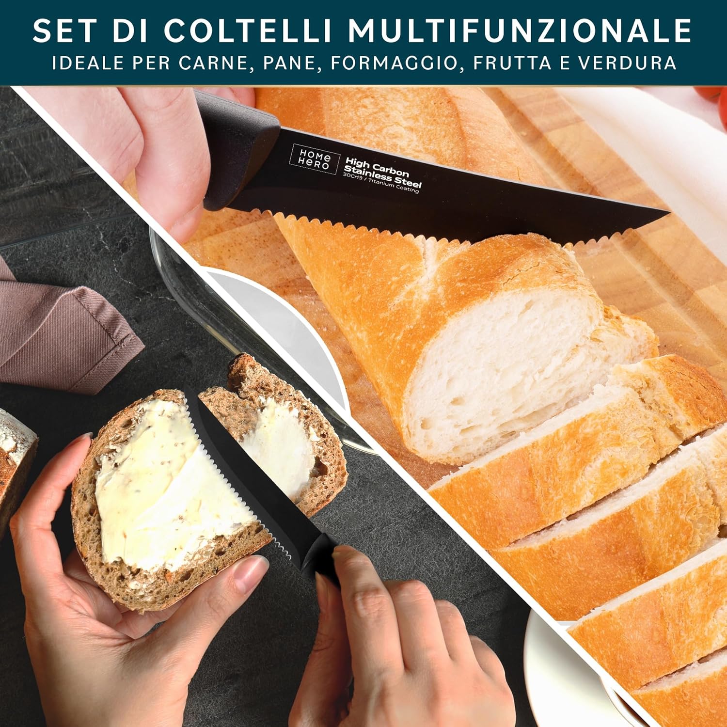 Home Hero Coltelli da Cucina con Ceppo 8 Pezzi, Nero - immagine 5