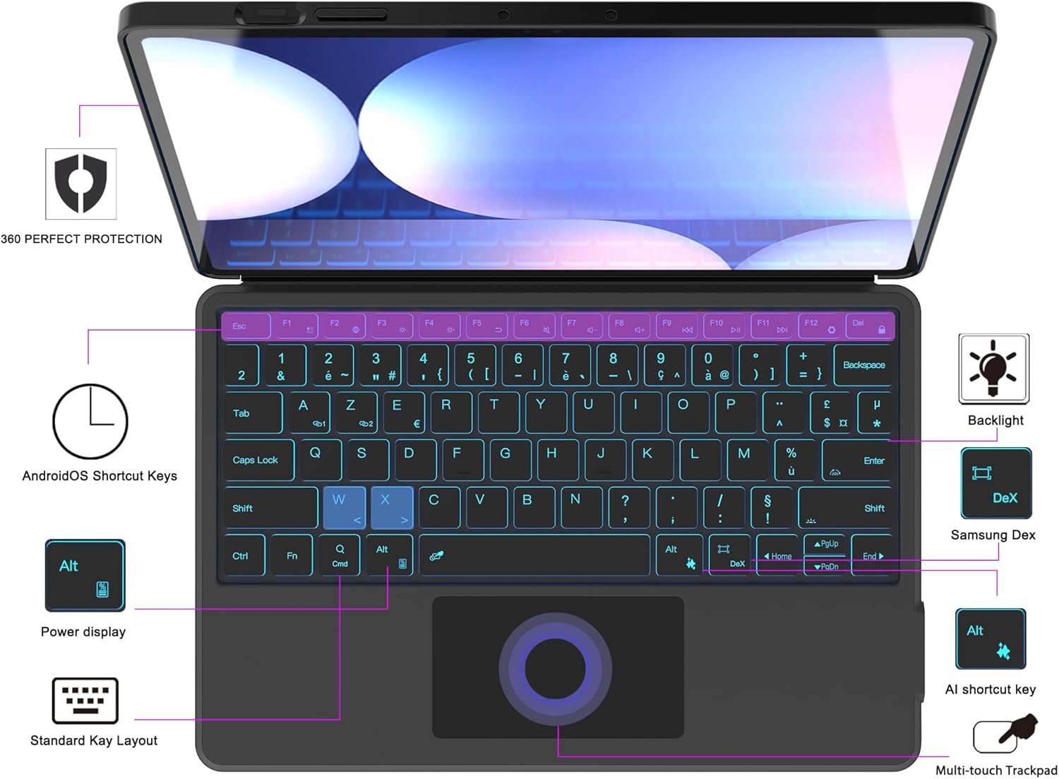 Custodia Tastiera Ai Key per Samsung Galaxy Tab S10+/S9+/S9 FE+ Plus - immagine 2