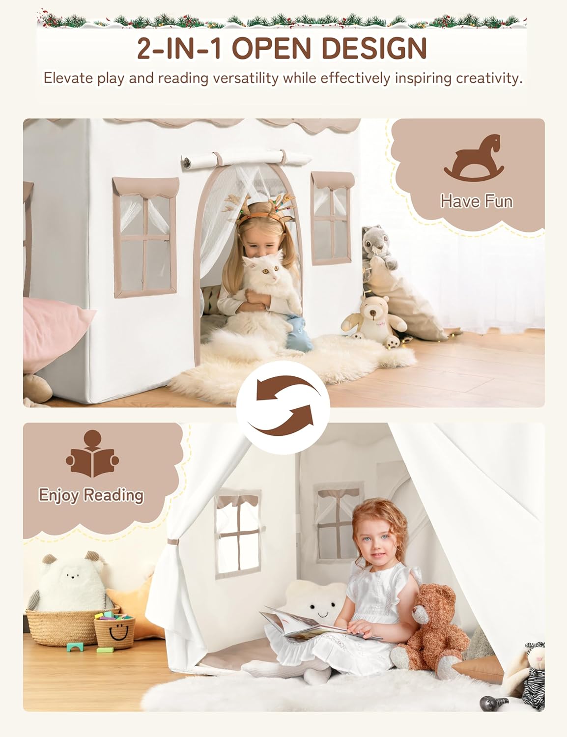 Besrey Tenda per Bambini 2 in 1, Casetta da Gioco Marrone Chiaro - immagine 2