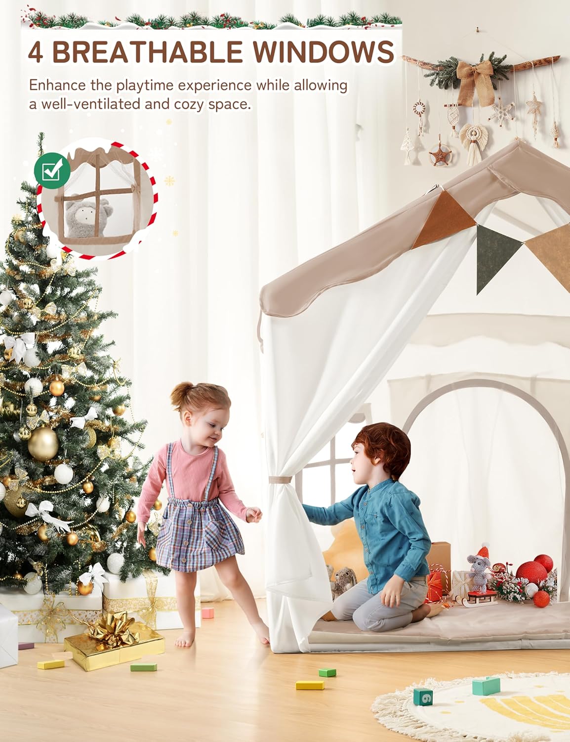 Besrey Tenda per Bambini 2 in 1, Casetta da Gioco Marrone Chiaro - immagine 8