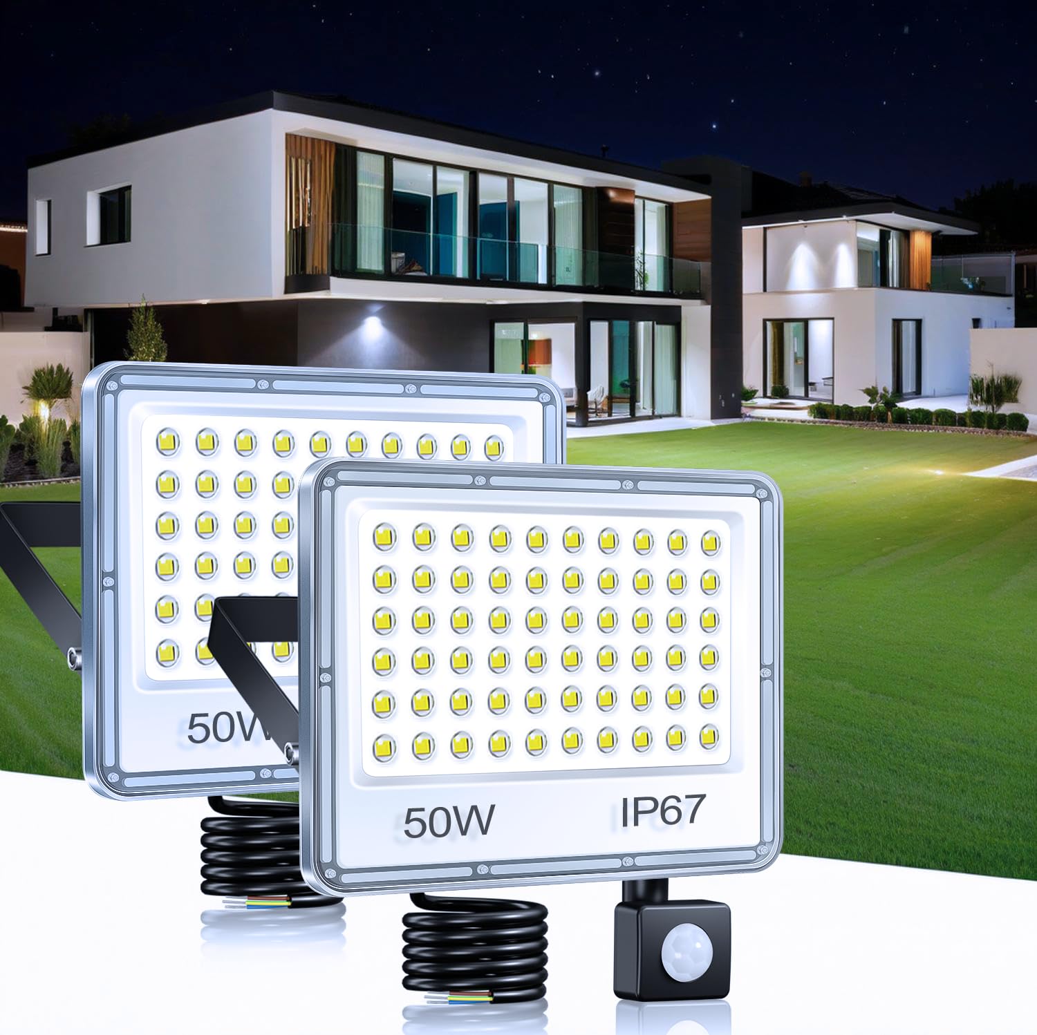 Faretto LED Esterno con Sensore di Movimento 50W, 2 Pezzi