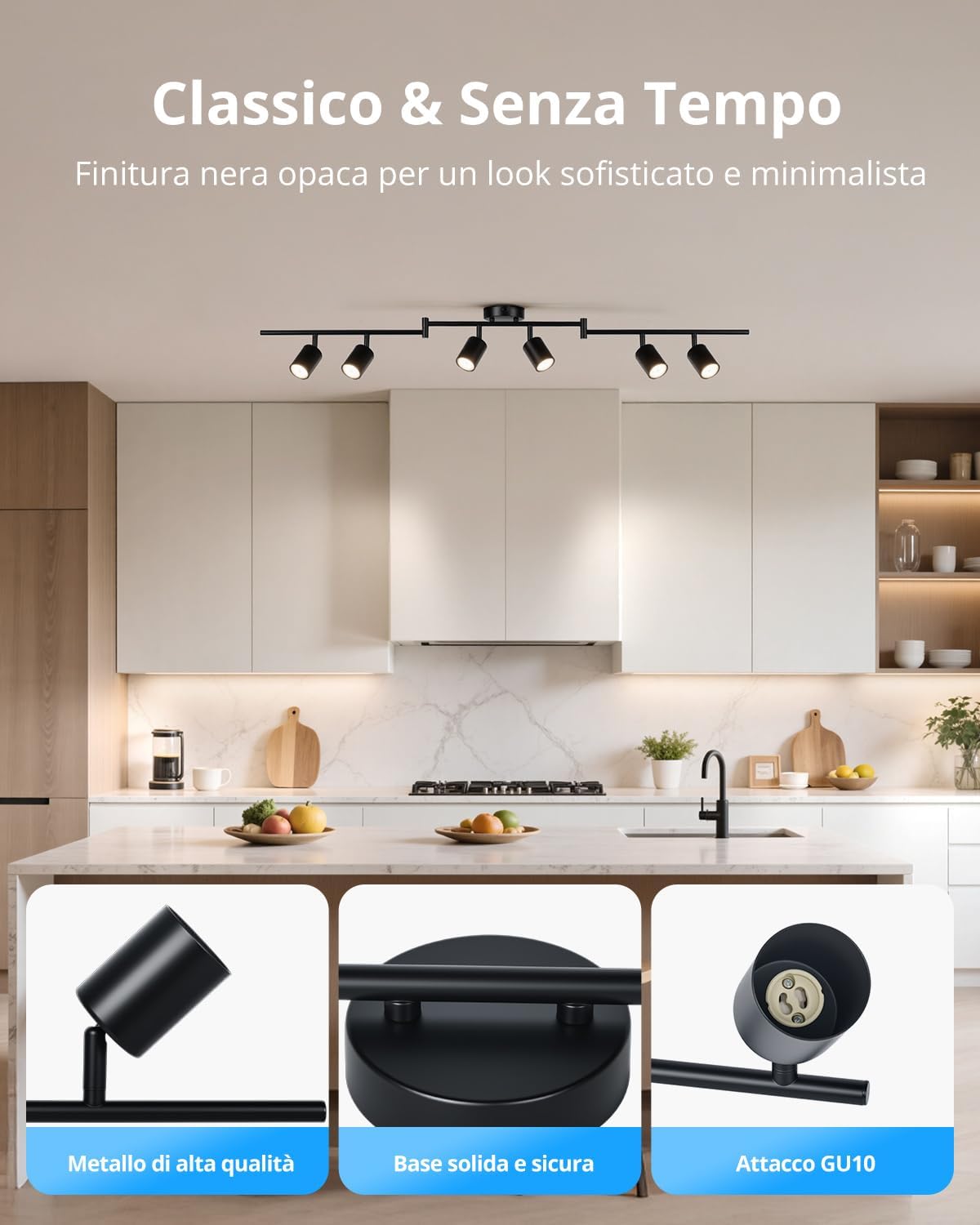Faretti LED da Soffitto Orientabili 6 Luci GU10, Nero - immagine 3