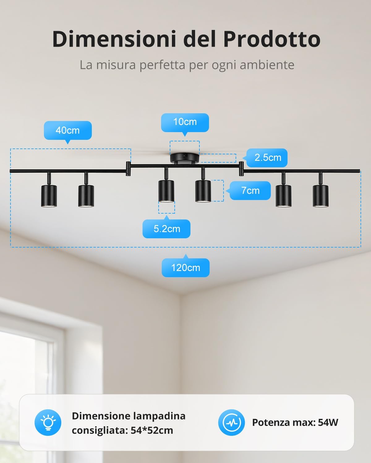 Faretti LED da Soffitto Orientabili 6 Luci GU10, Nero - immagine 5