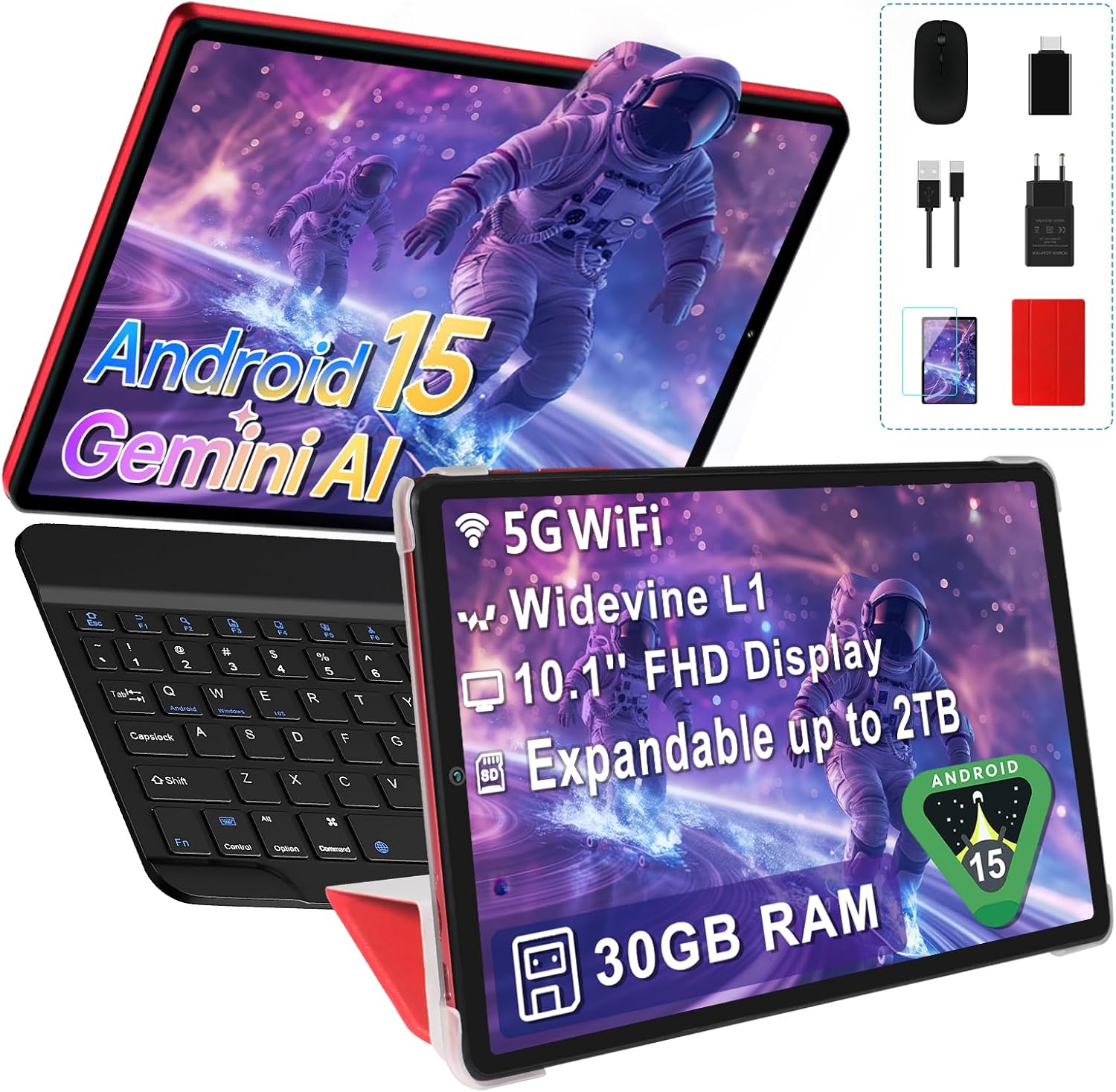 Tablet 10 Pollici Android 15 con Gemini AI, Rosso - immagine 1