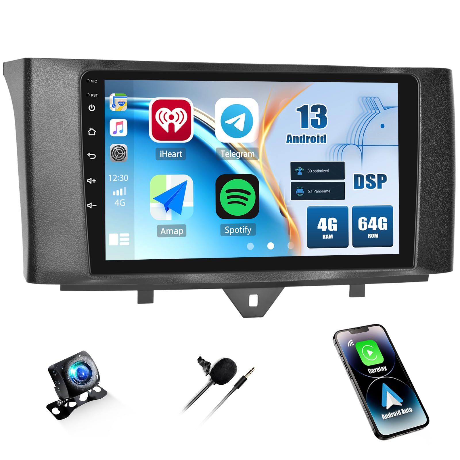 Camecho Autoradio 9" Android 13 per Mercedes Smart Fortwo 2011-2015