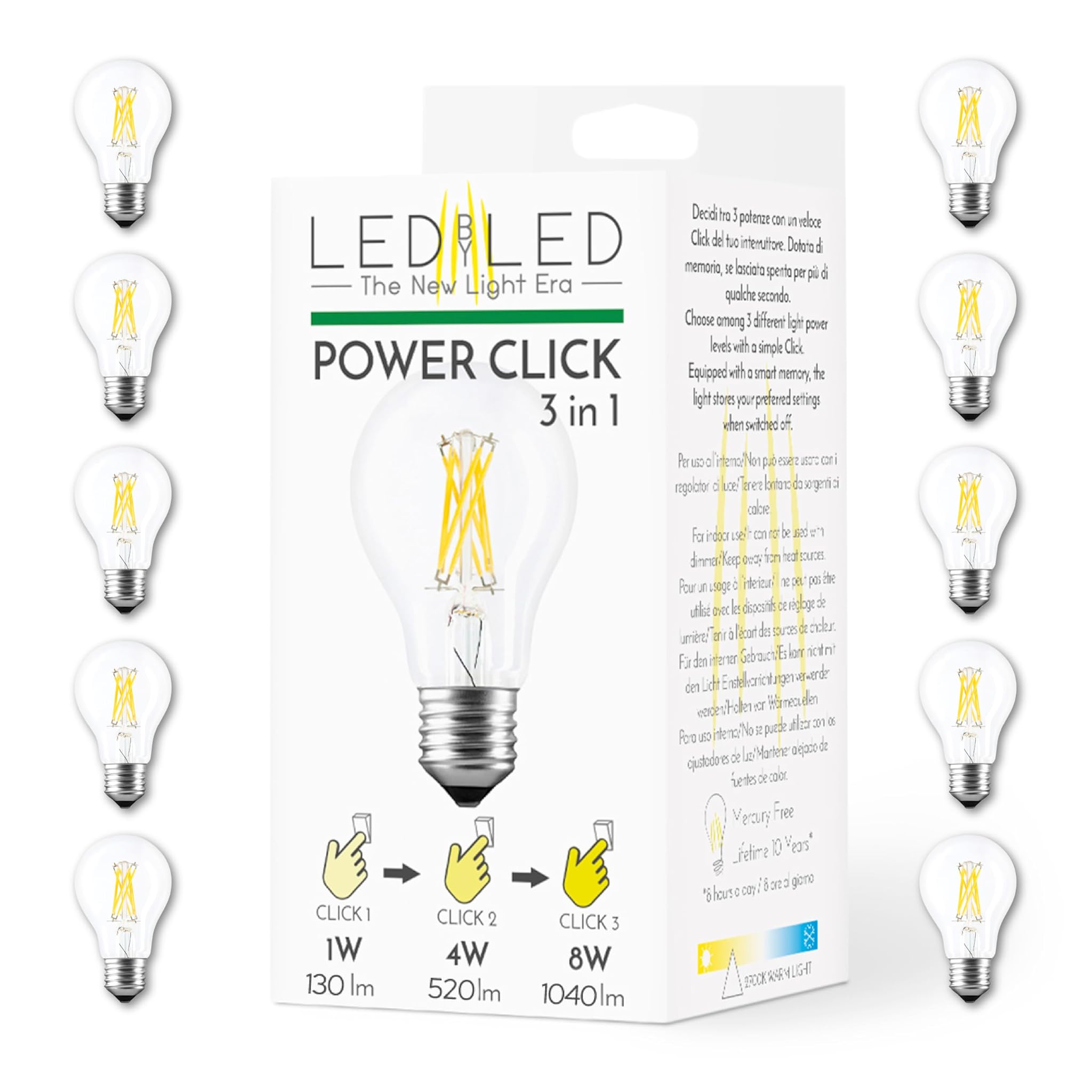 Ledbyled Lampadina Smart Goccia Power Click 2-4-8W E27, 10 Pezzi