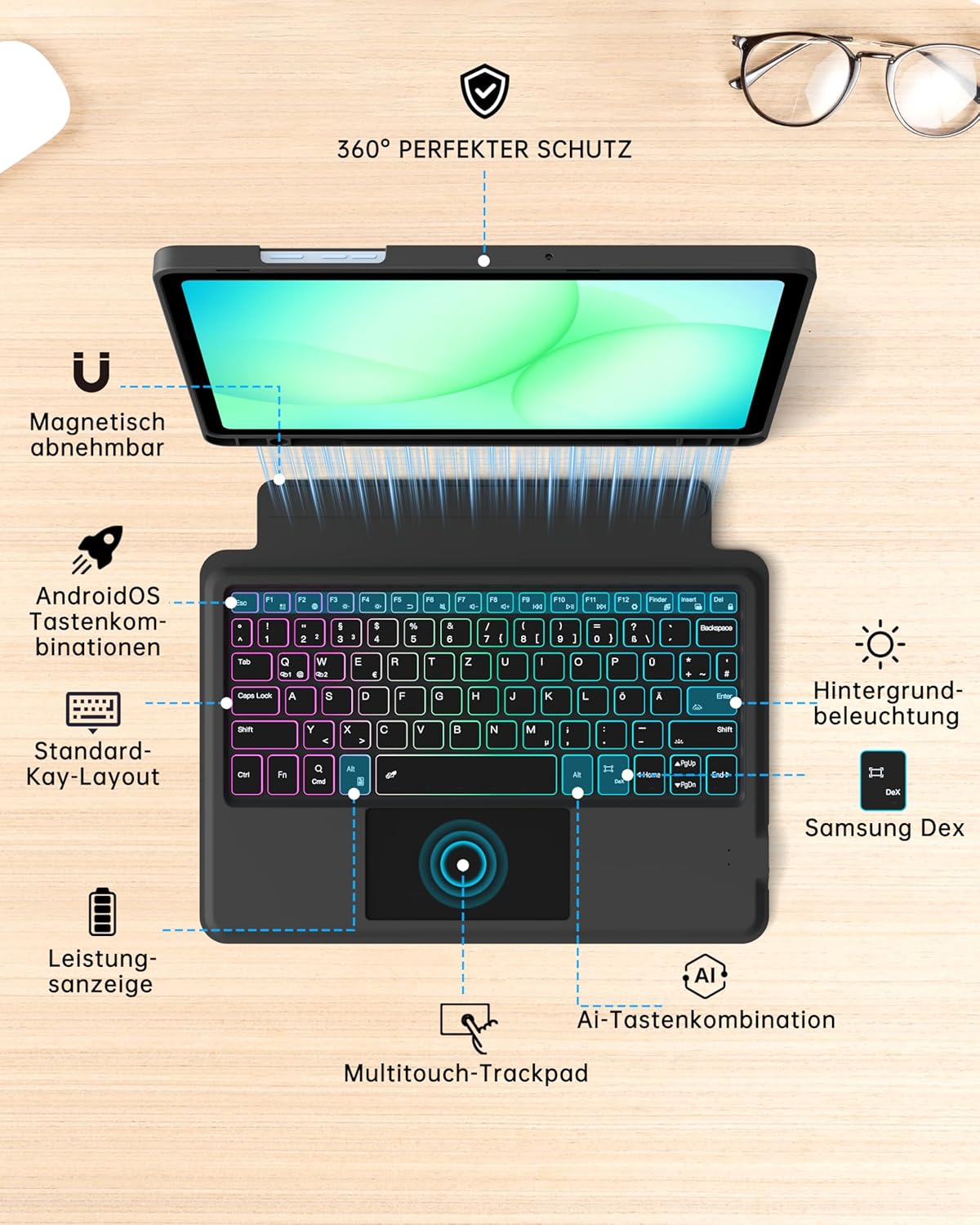 Roofei Custodia Tastiera QWERTZ per Galaxy Tab A11+/A9+, Nero - immagine 3