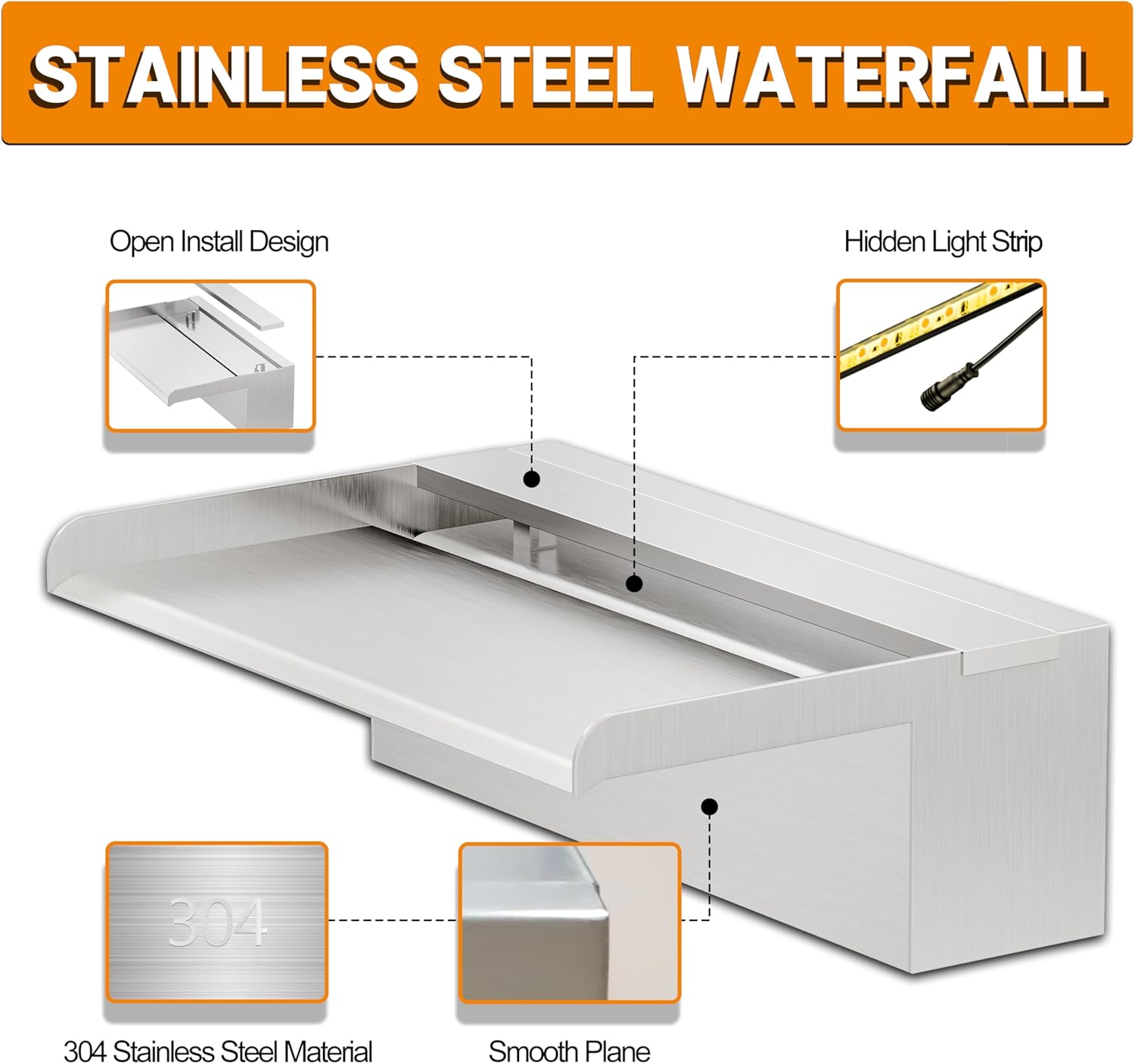 Longrunnew Kit Cascata Piscina Laghetto in Acciaio Inox - immagine 3