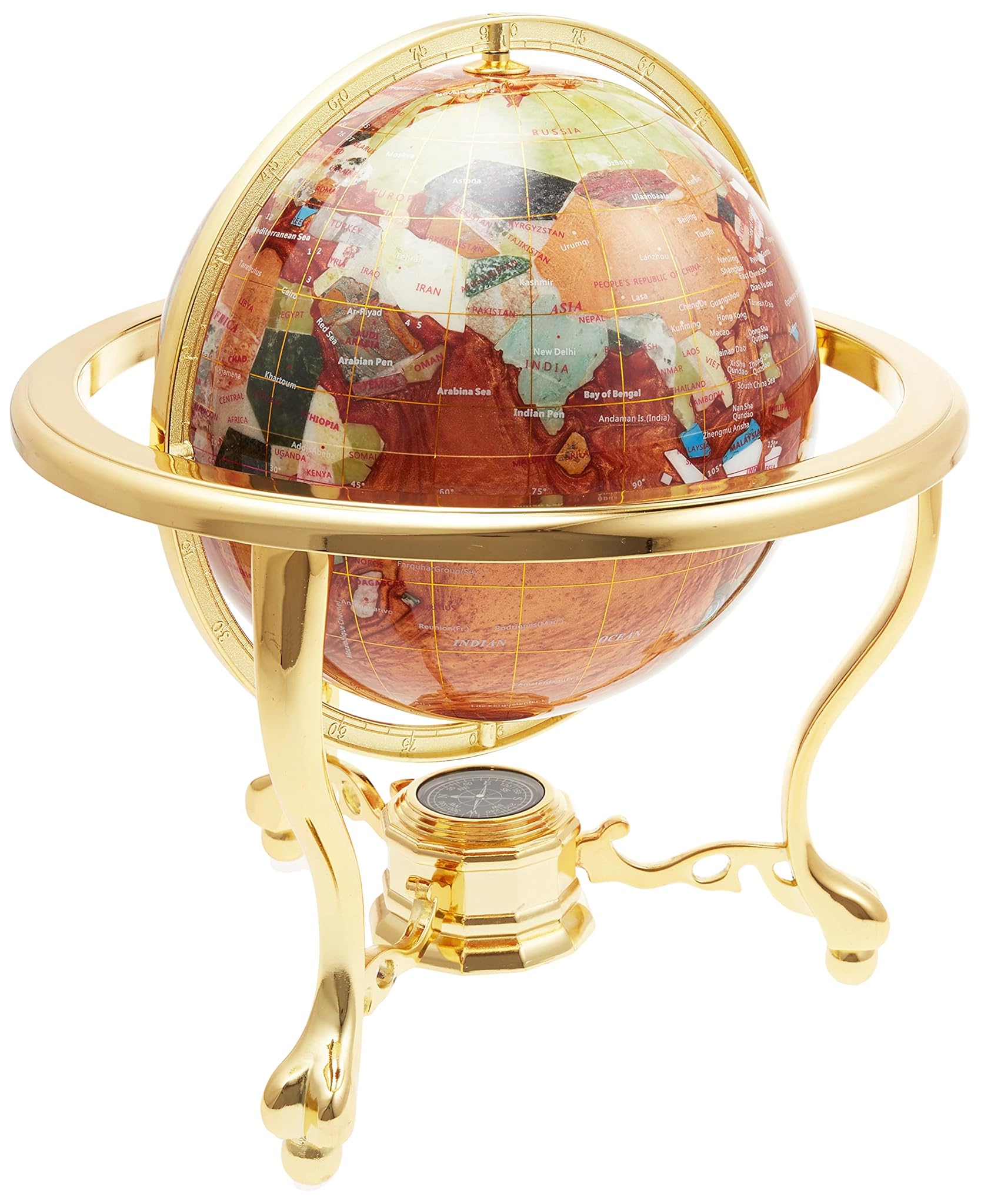 Unique Art 33 cm Tall Table Top Amberllite Perla Oro Stand Gemstone Globe Mondo con Oro treppiede