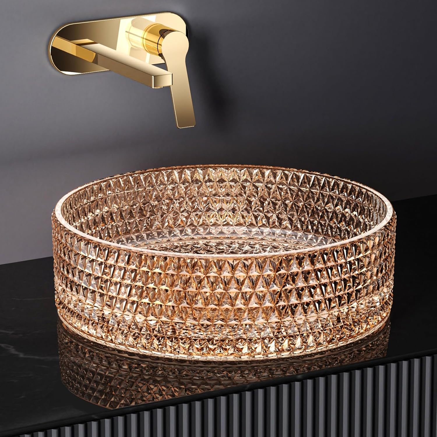 Emke Lavabo da appoggio rotondo in vetro oro rosa - immagine 1