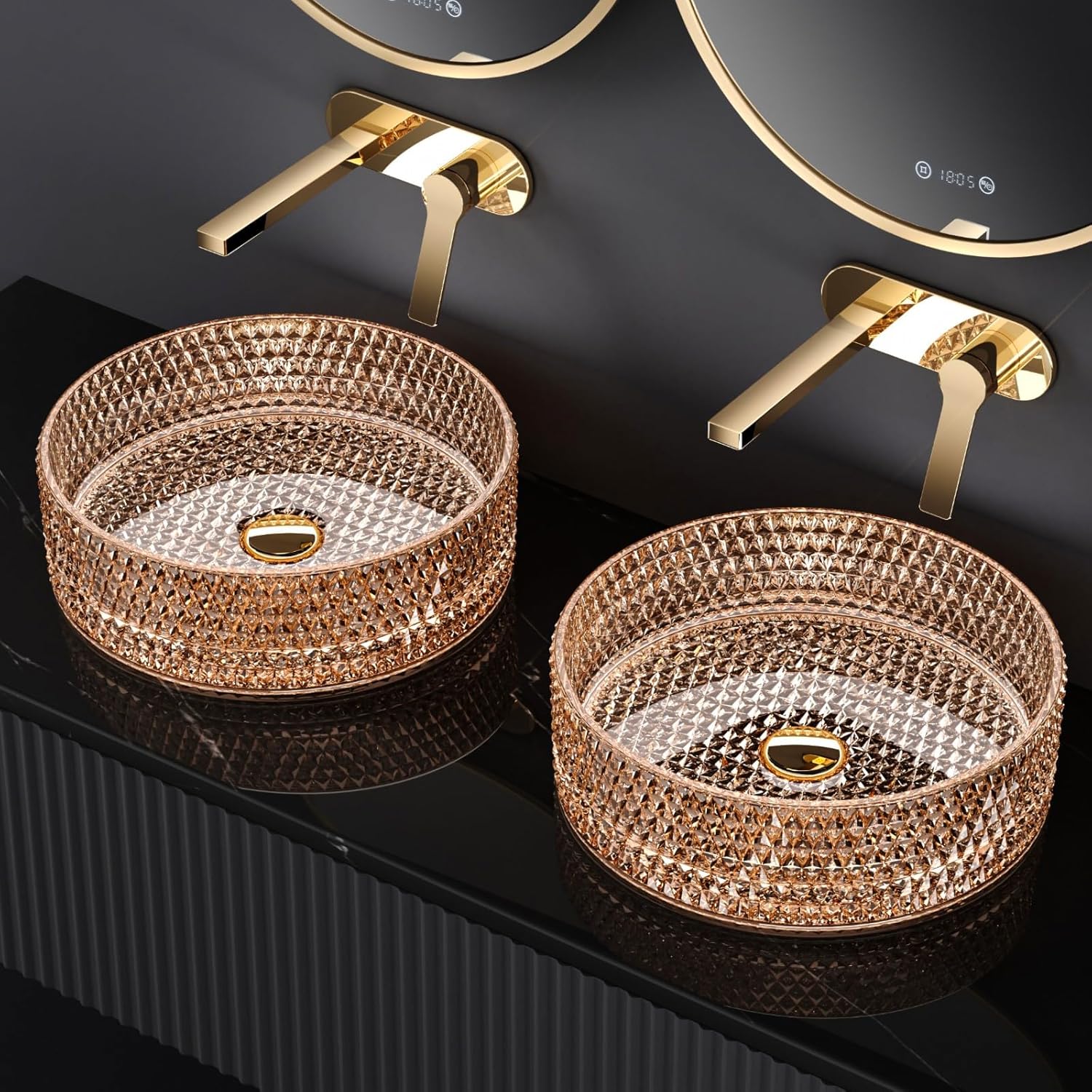 Emke Lavabo da appoggio rotondo in vetro oro rosa - immagine 2