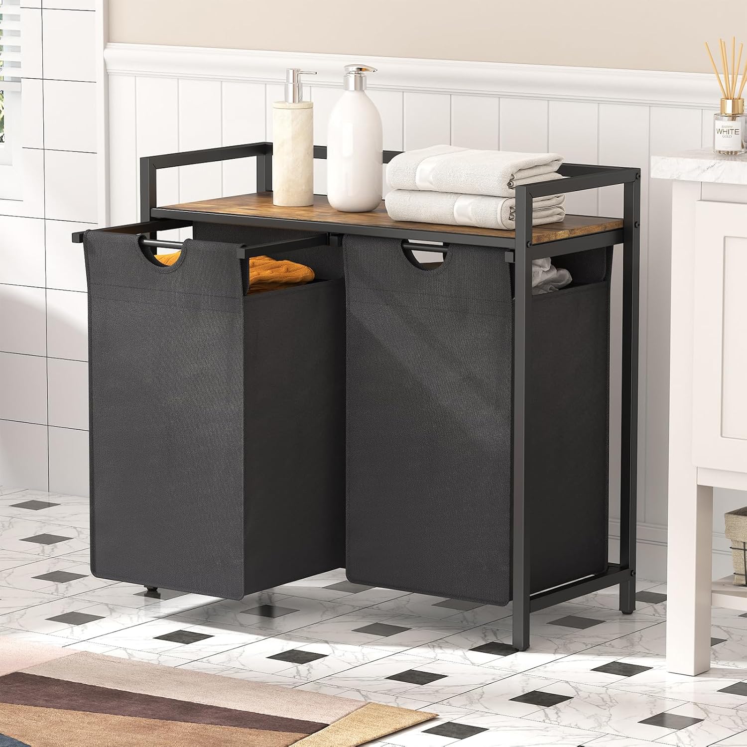 Lifewit Cesto Portabiancheria 2 Scomparti 95L Nero - immagine 2