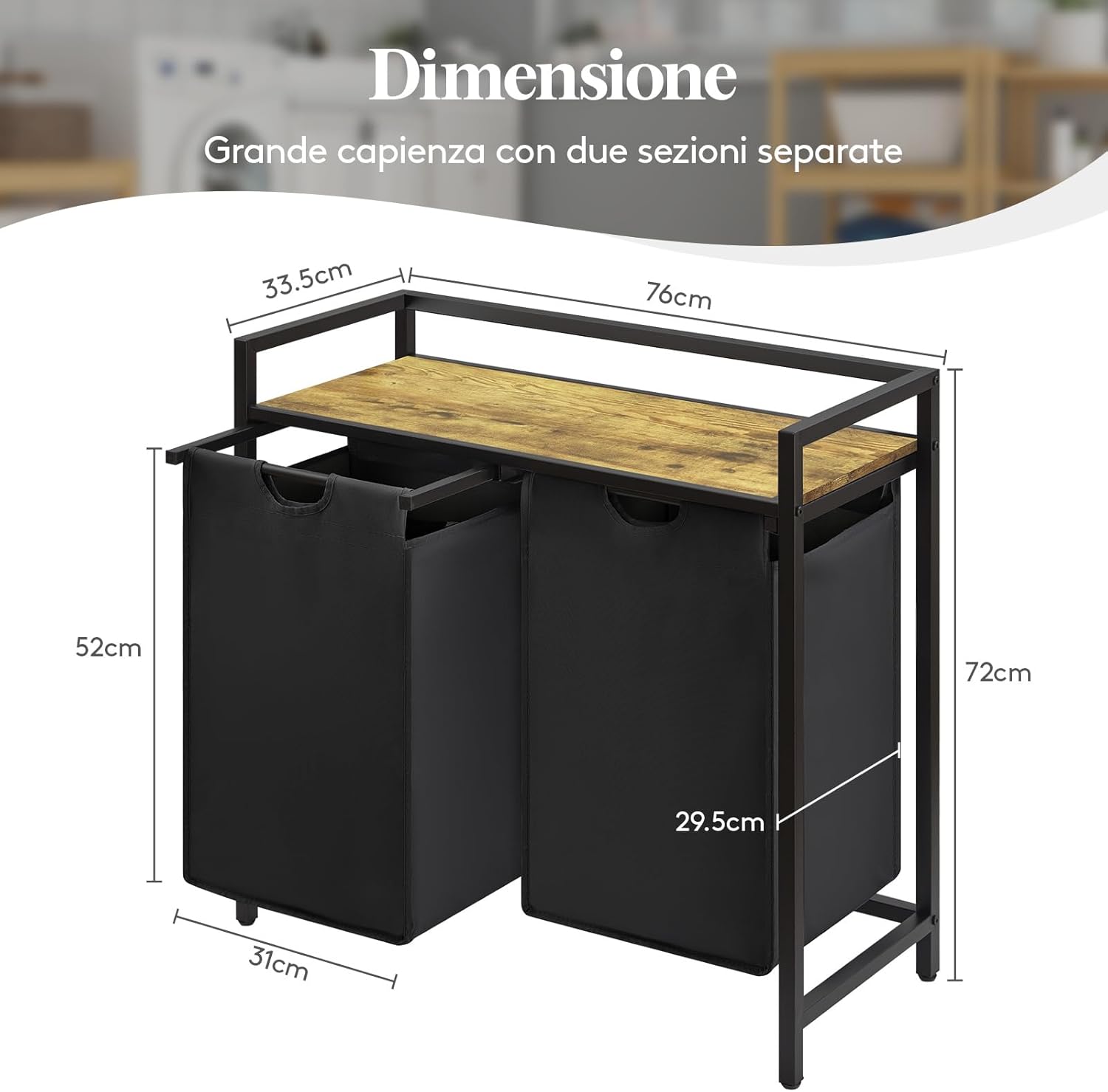 Lifewit Cesto Portabiancheria 2 Scomparti 95L Nero - immagine 3