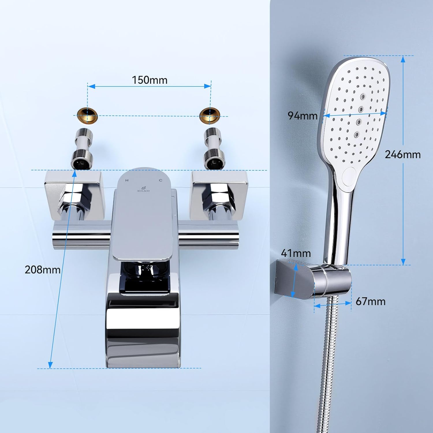 Kulaco Rubinetto Vasca con Doccetta in Ottone, Chrome - immagine 8