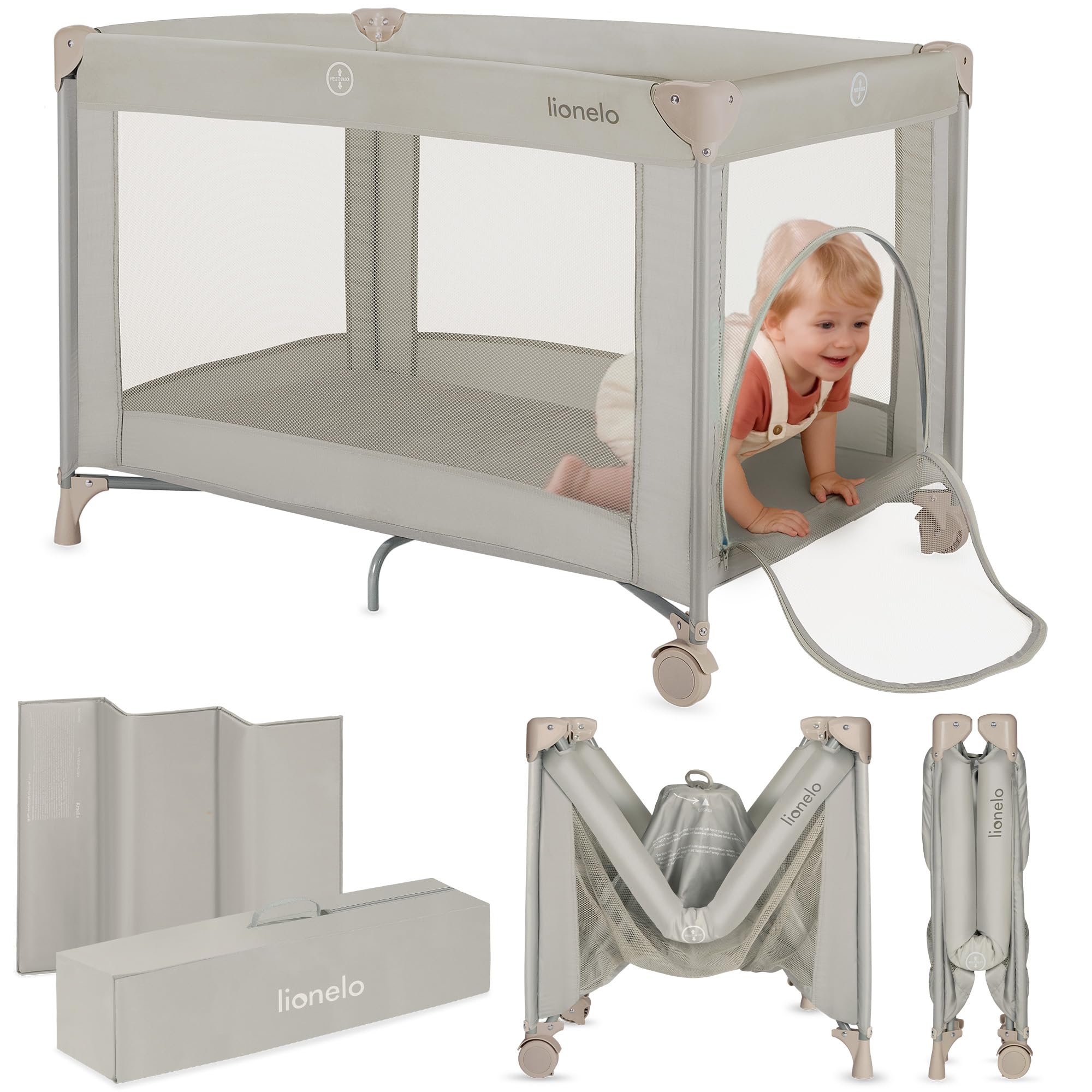 lionelo Lettino da Viaggio AMELIE 2in1per bambini dalla Nascita a 15 kg, Lettino Pieghevole e box bambini 100 x70 x 69 cm con Ingresso laterale, Materasso, Compacto, 2 Ruote, Borsa da viago