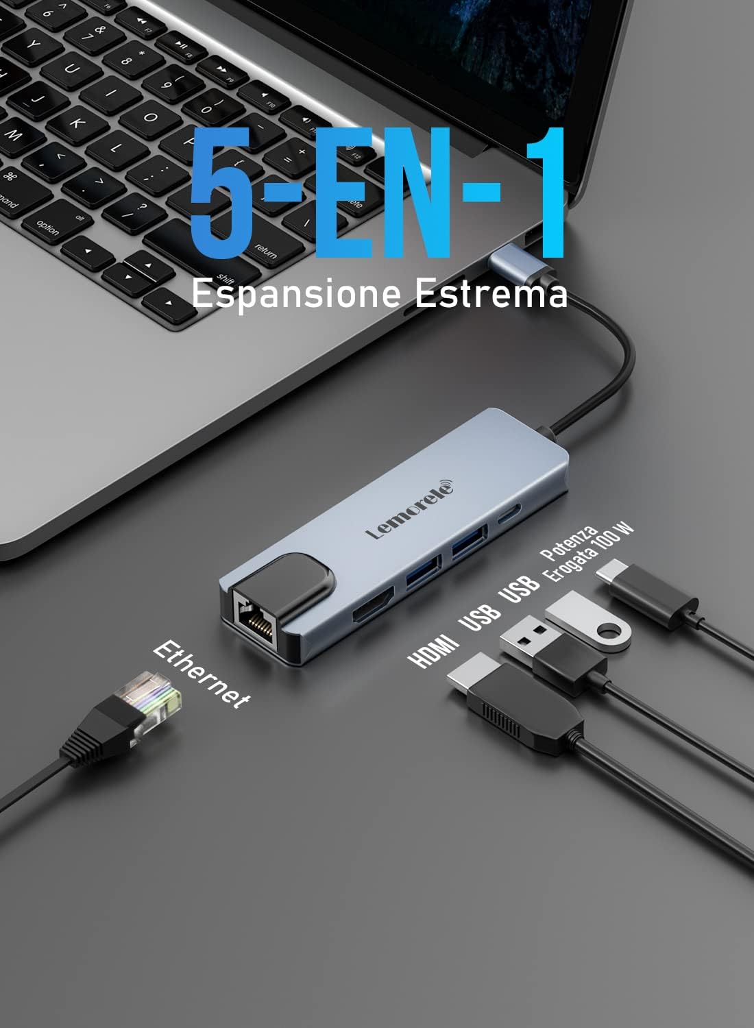 Lemorele Hub USB C Gigabit Ethernet 5-in-1 Alluminio - immagine 2