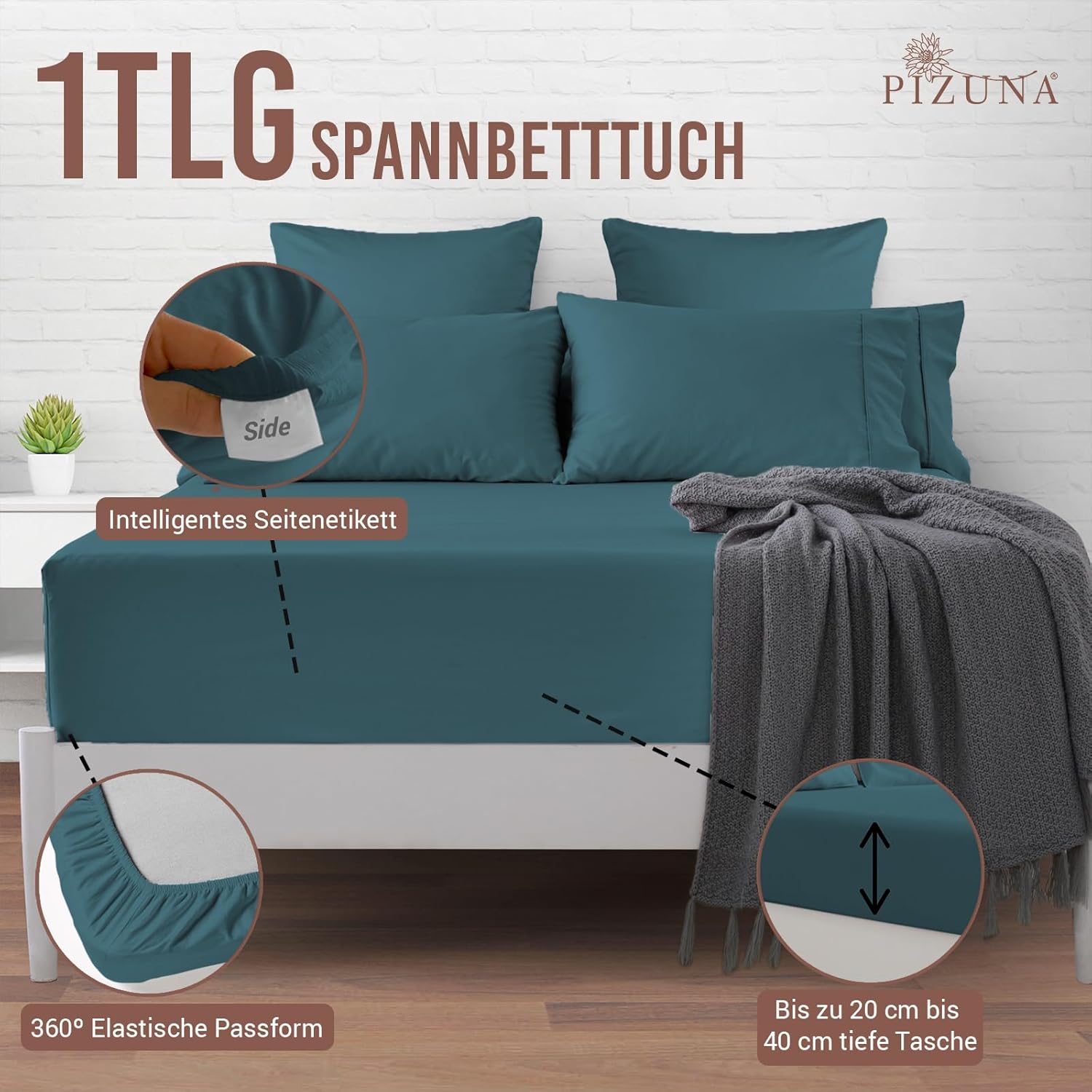 Pizuna Lenzuolo con Angoli in Cotone 160x200cm, Gris Pardo - immagine 6