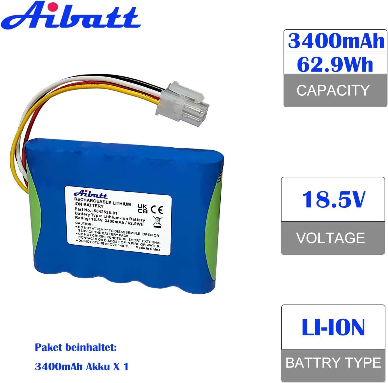 Aibatt Batteria Ricambio Robot Tosaerba 18,5V 3400mAh - immagine 2