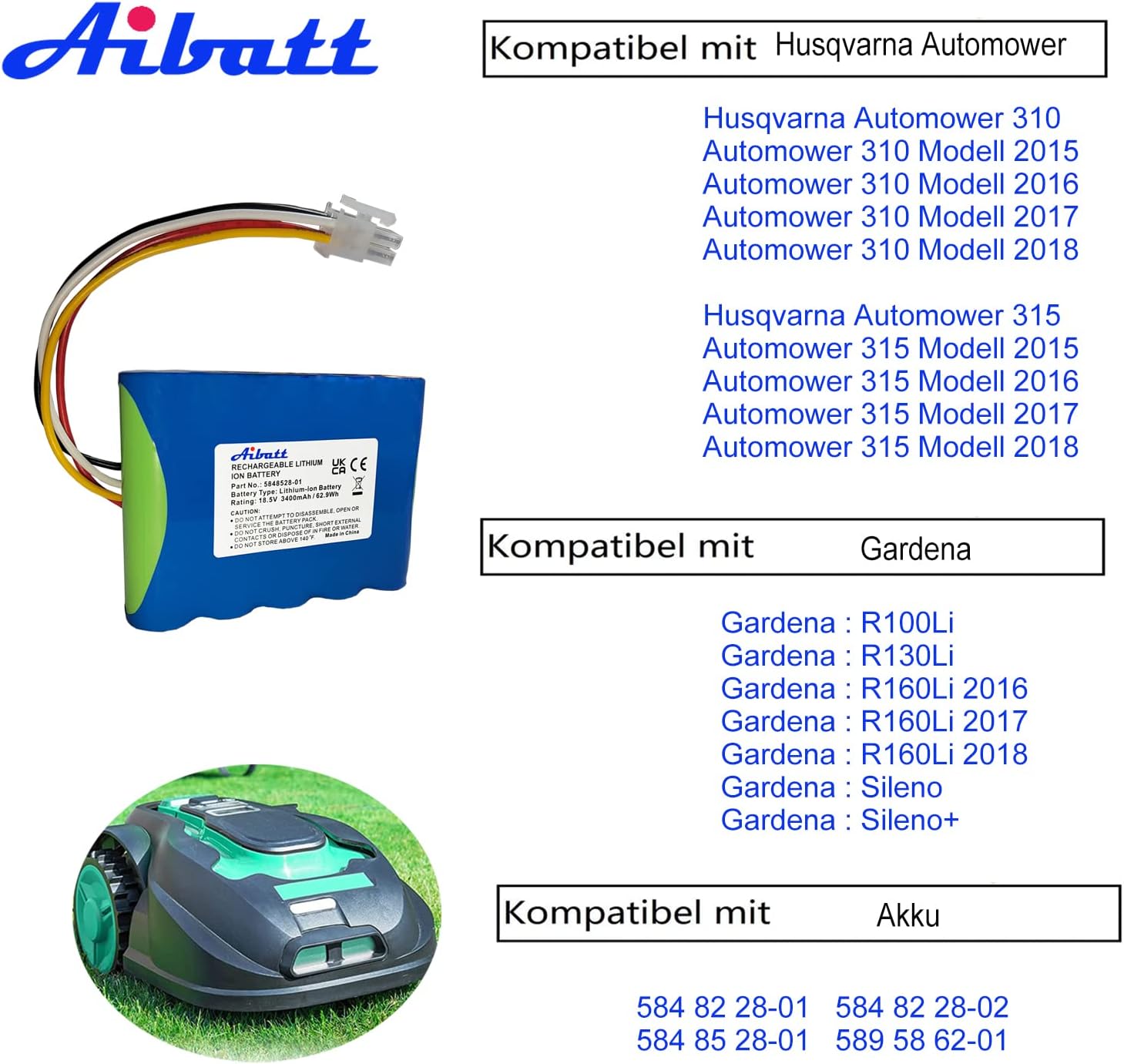 Aibatt Batteria Ricambio Robot Tosaerba 18,5V 3400mAh - immagine 3