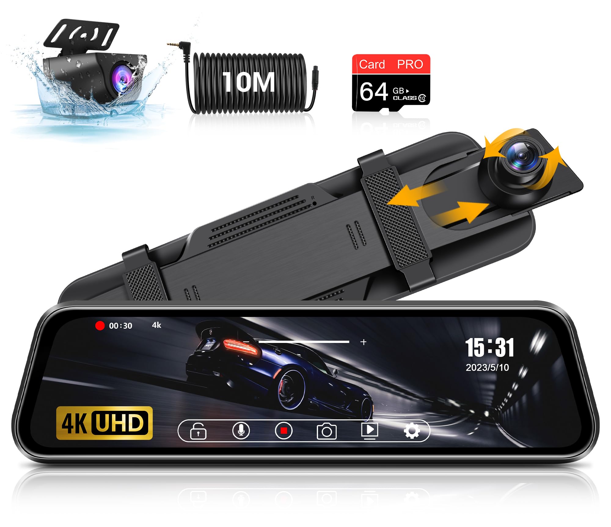 Dash Cam Specchietto 4K 10" con Telecamera Retrovisore 170°