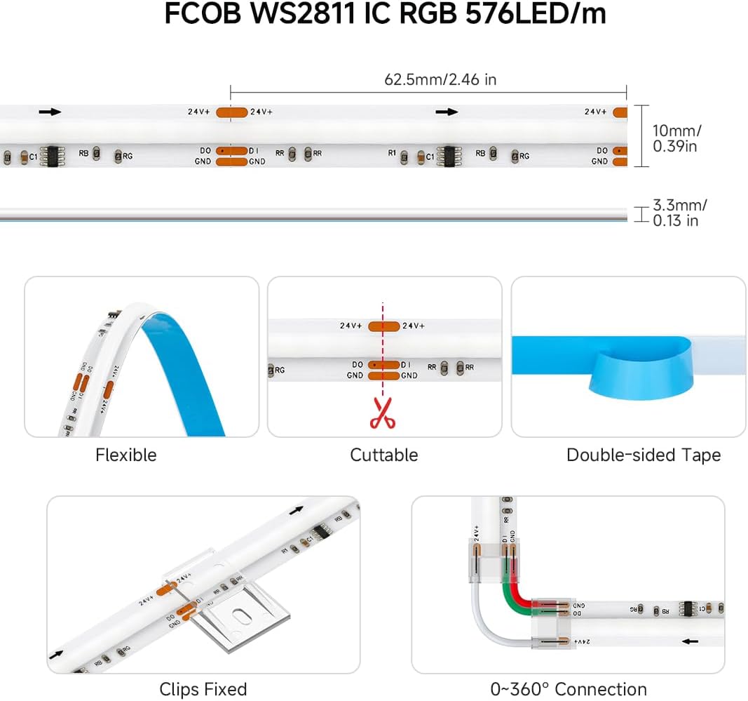 Btf-lighting FCOB COB RGB WS2811 Striscia LED 5M - immagine 3