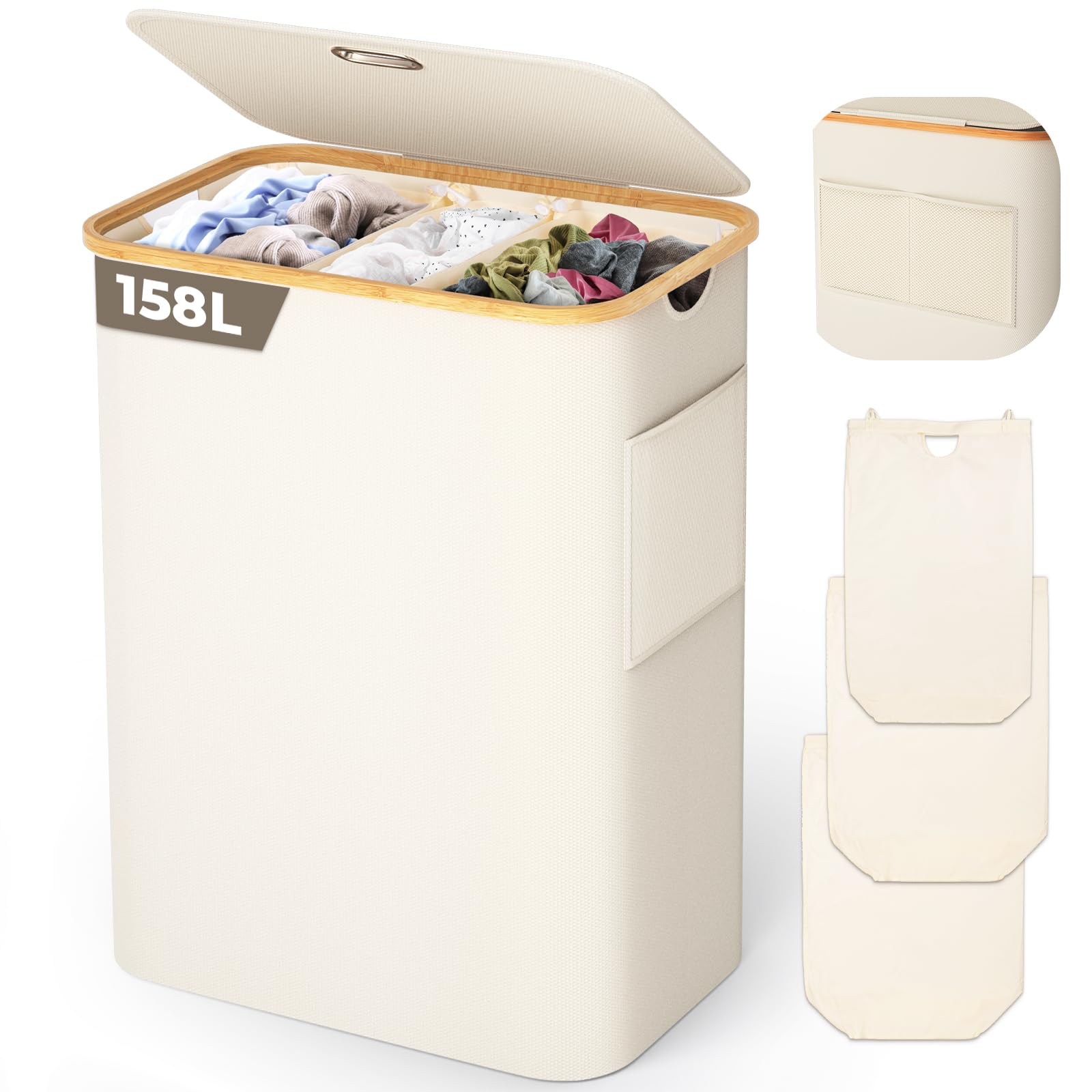 Ousfot Cesto Biancheria 3 Scomparti 158L, Beige