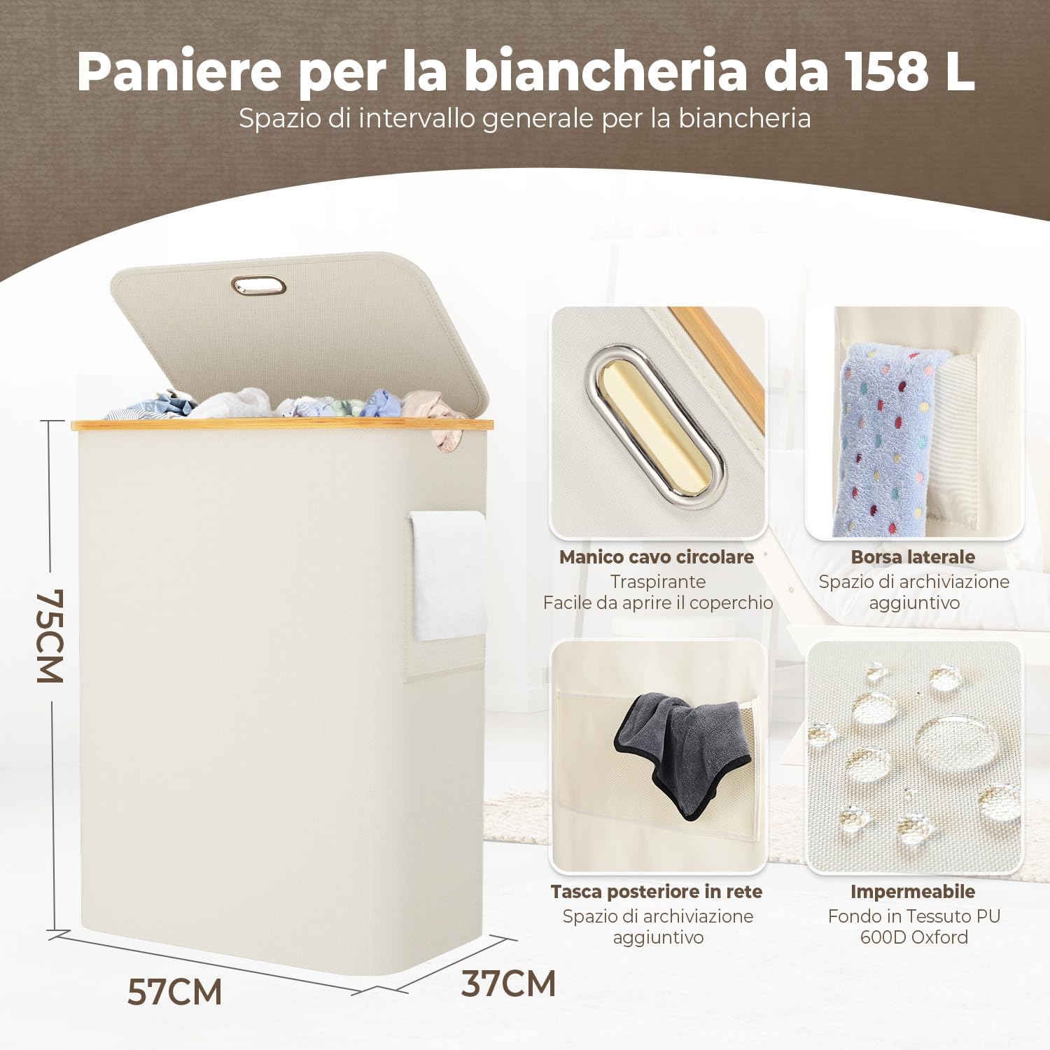 Ousfot Cesto Biancheria 3 Scomparti 158L, Beige - immagine 4