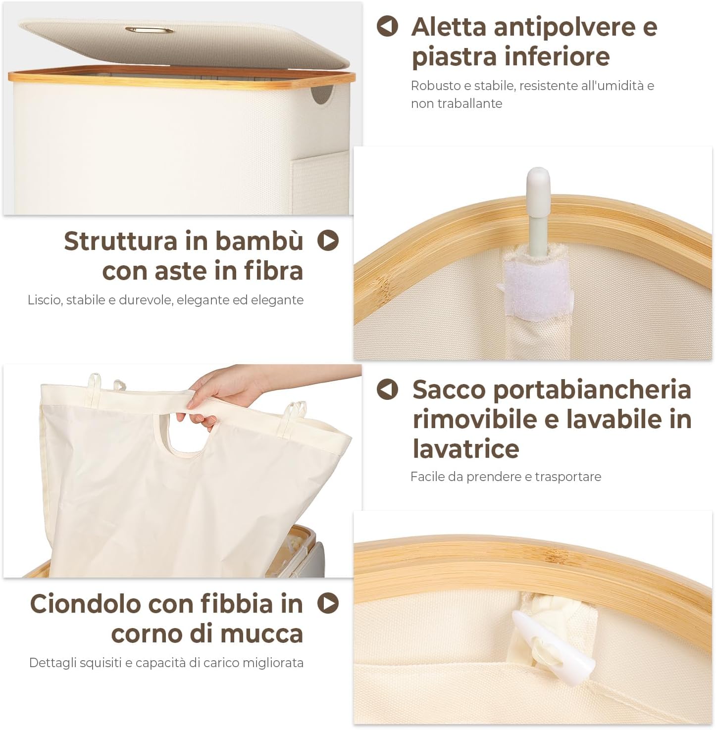 Ousfot Cesto Biancheria 3 Scomparti 158L, Beige - immagine 6