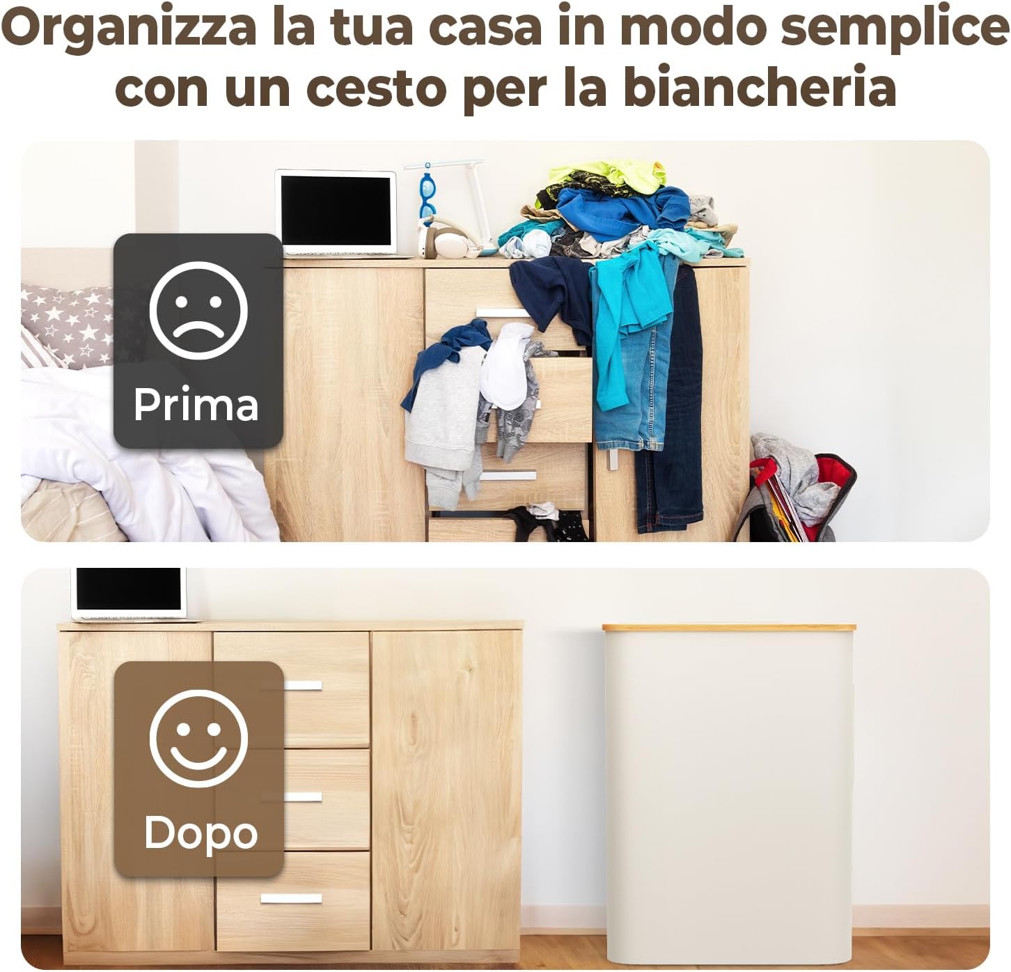 Ousfot Cesto Biancheria 3 Scomparti 158L, Beige - immagine 7